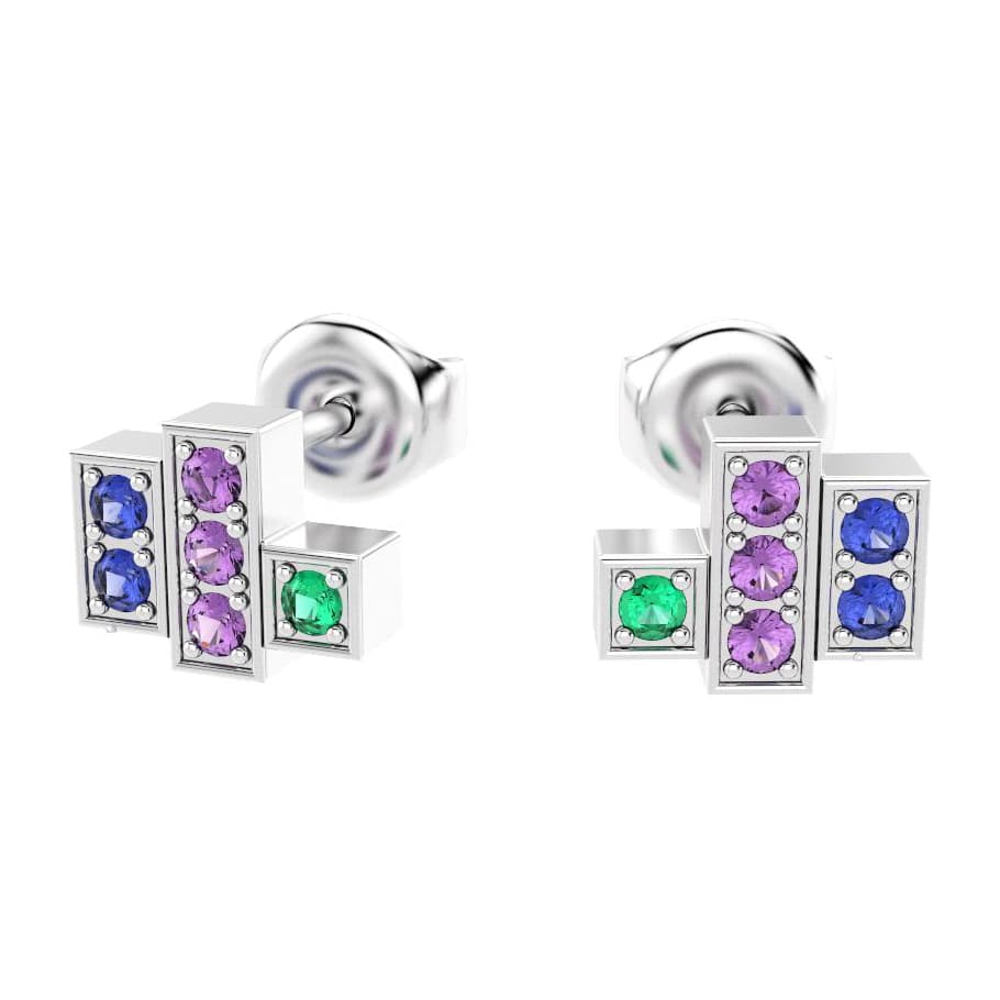 boucles oreilles art deco femme en or blanc avec pierre semi-précieuse saphirs bleus saphirs violets emeraude