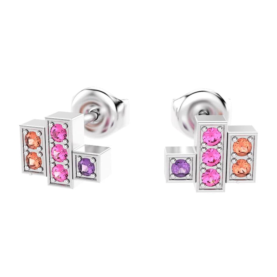 boucles oreilles art deco femme en or blanc avec pierre semi-précieuse saphirs violets et saphirs peche et saphirs roses