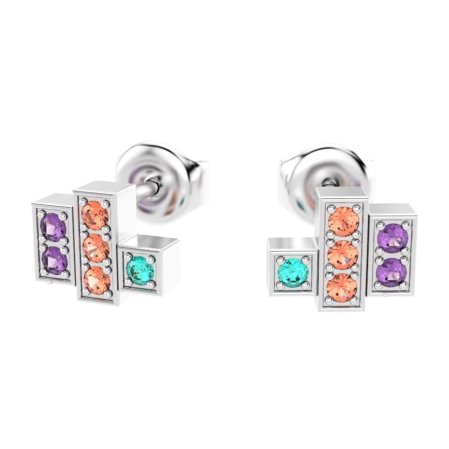 boucles oreilles art deco femme en or blanc avec pierre semi-précieuse saphirs violets et peche tourmaline paraiba