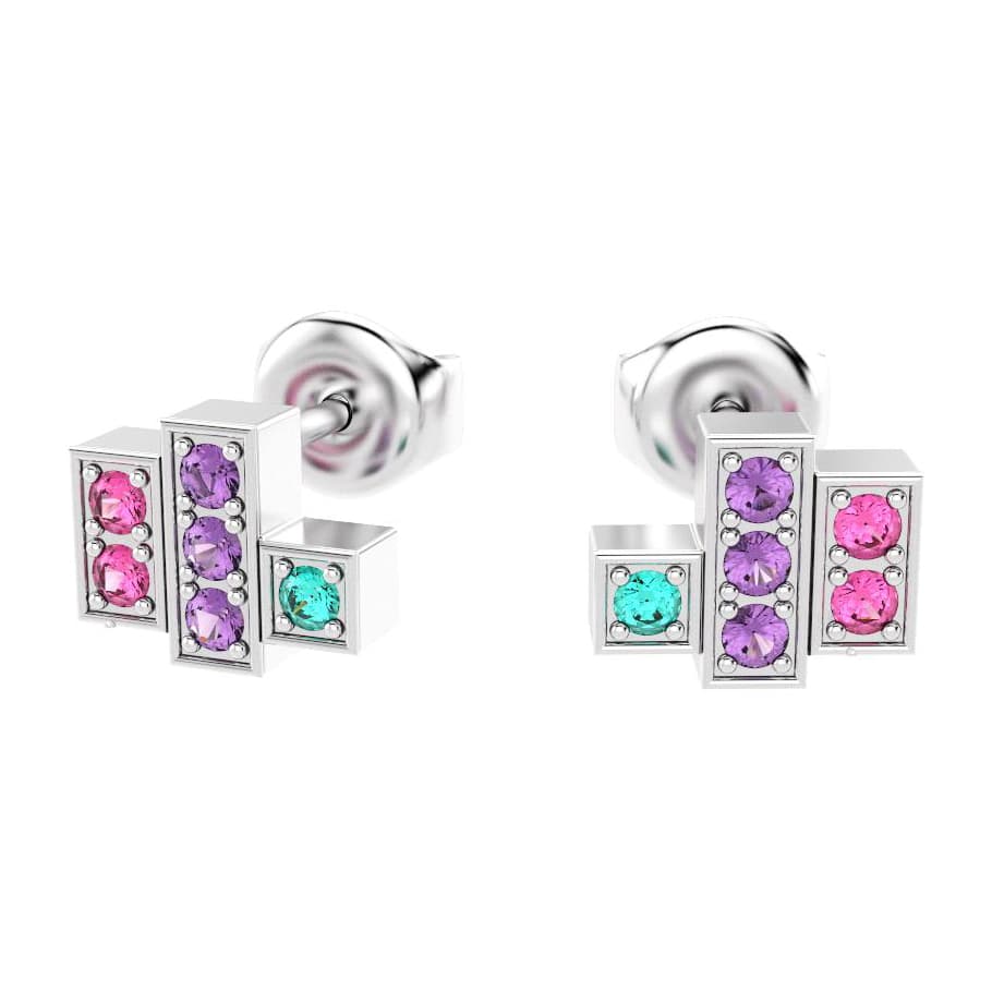 boucles oreilles art deco femme en or blanc avec pierre semi-précieuse tourmaline paraiba saphirs violets saphirs roses