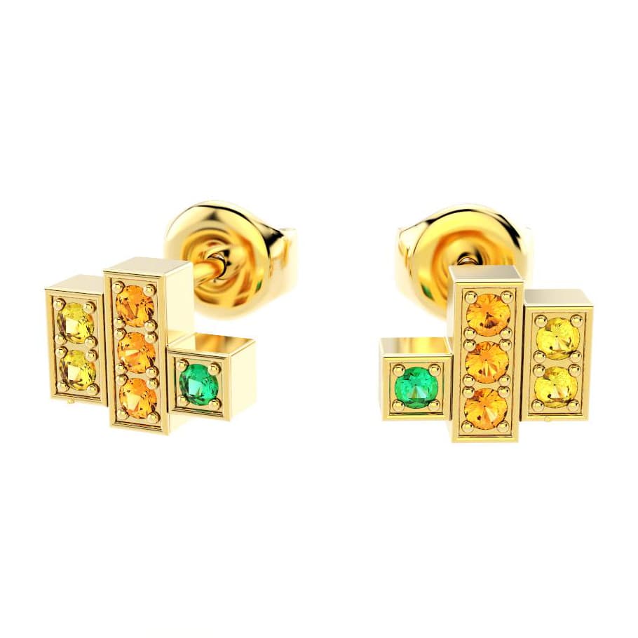 boucles oreilles art deco femme en or jaune avec pierre semi-précieuse emeraudes grenats mandarins saphirs jaunes