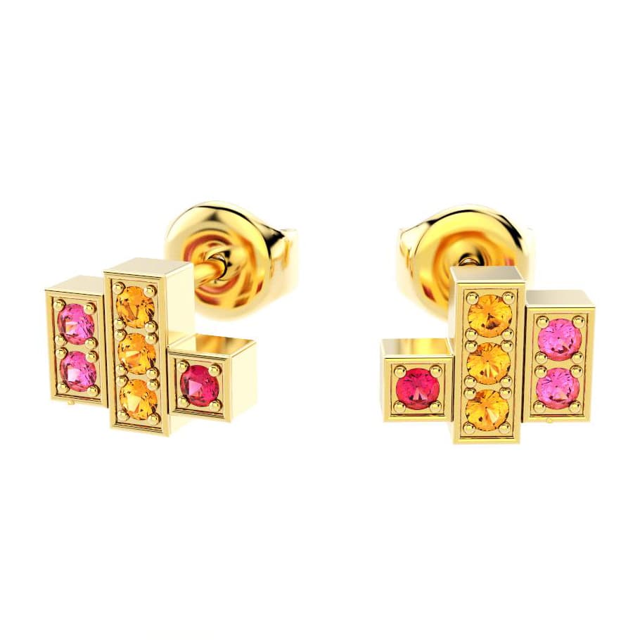 boucles oreilles art deco femme en or jaune avec pierre semi-précieuse rubis grenats mandarins saphirs roses