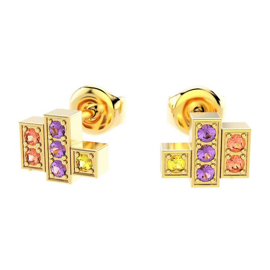 boucles oreilles art deco femme en or jaune avec pierre semi-précieuse saphirs jaune et peche et violet