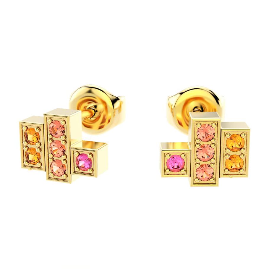 boucles oreilles art deco femme en or jaune avec pierre semi-précieuse saphirs saphirs peche roses grenats mandarins