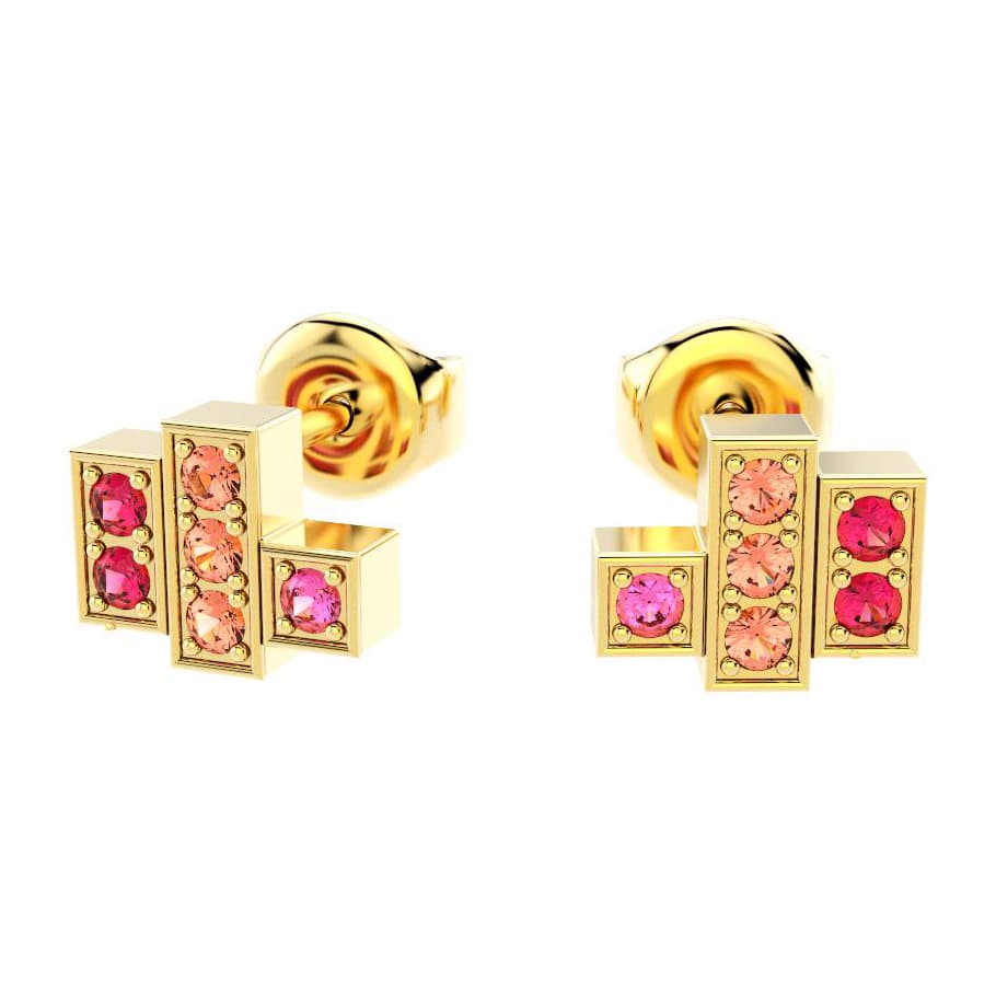 boucles oreilles art deco femme en or jaune avec pierre semi-précieuse saphirs saphirs peche roses rubis