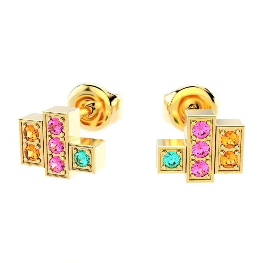 boucles oreilles art deco femme en or jaune avec pierre semi-précieuse saphirs roses grenats mandarins