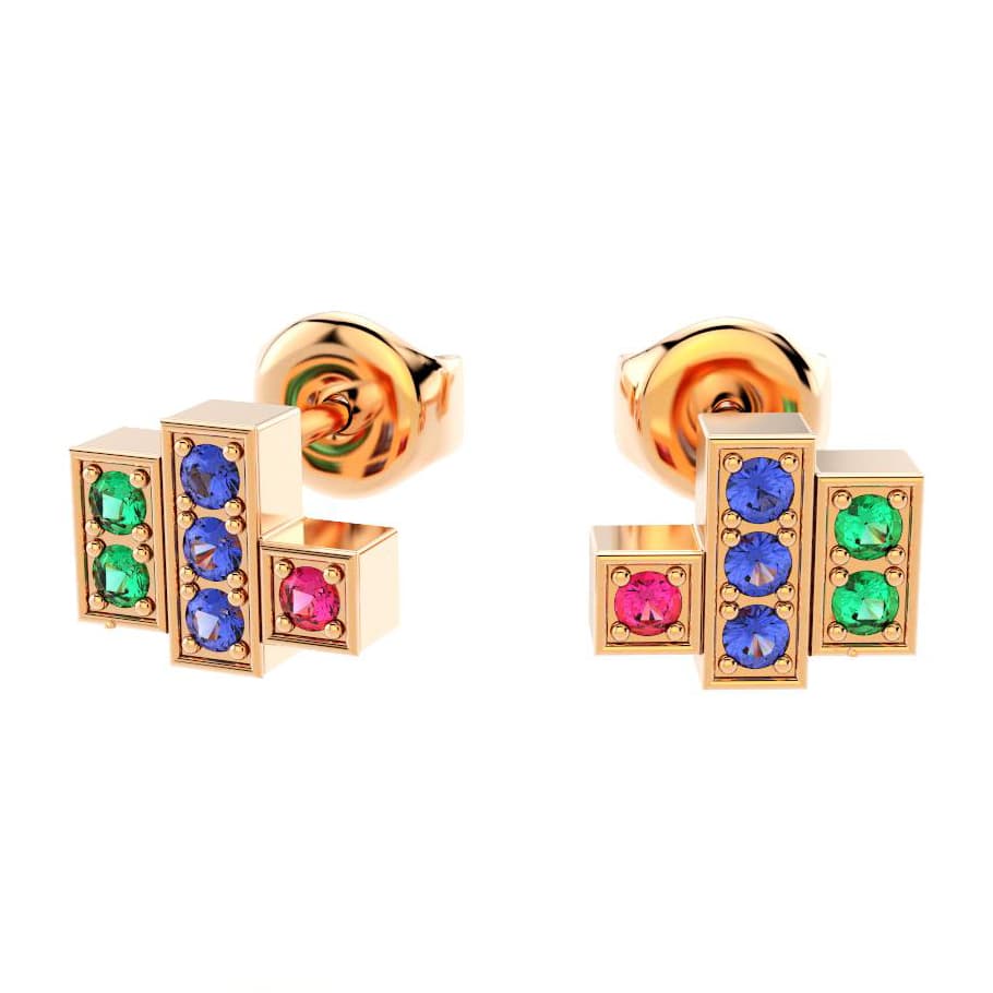 boucles oreilles art deco femme en or rose avec pierre semi-précieuse saphirs roses saphirs bleus rubis emeraudes