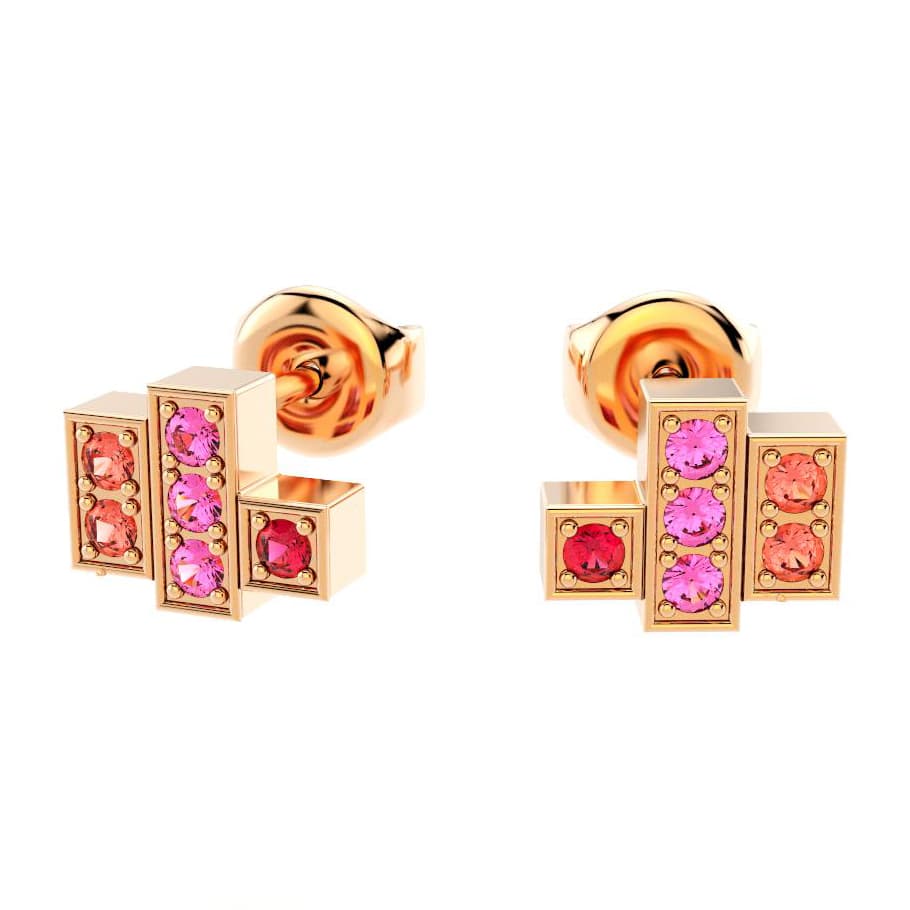 boucles oreilles art deco femme en or rose avec pierre semi-précieuse saphirs roses saphirs peche rubis