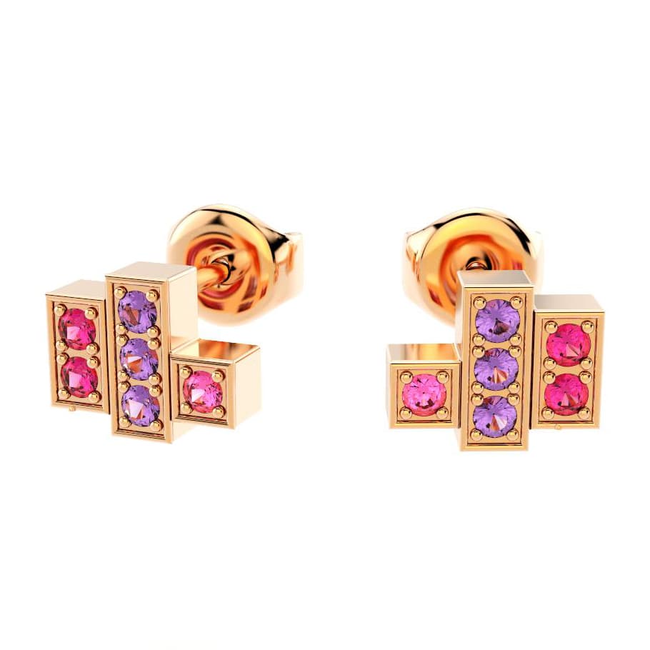 boucles oreilles art deco femme en or rose avec pierre semi-précieuse saphirs roses saphirs violet rubis