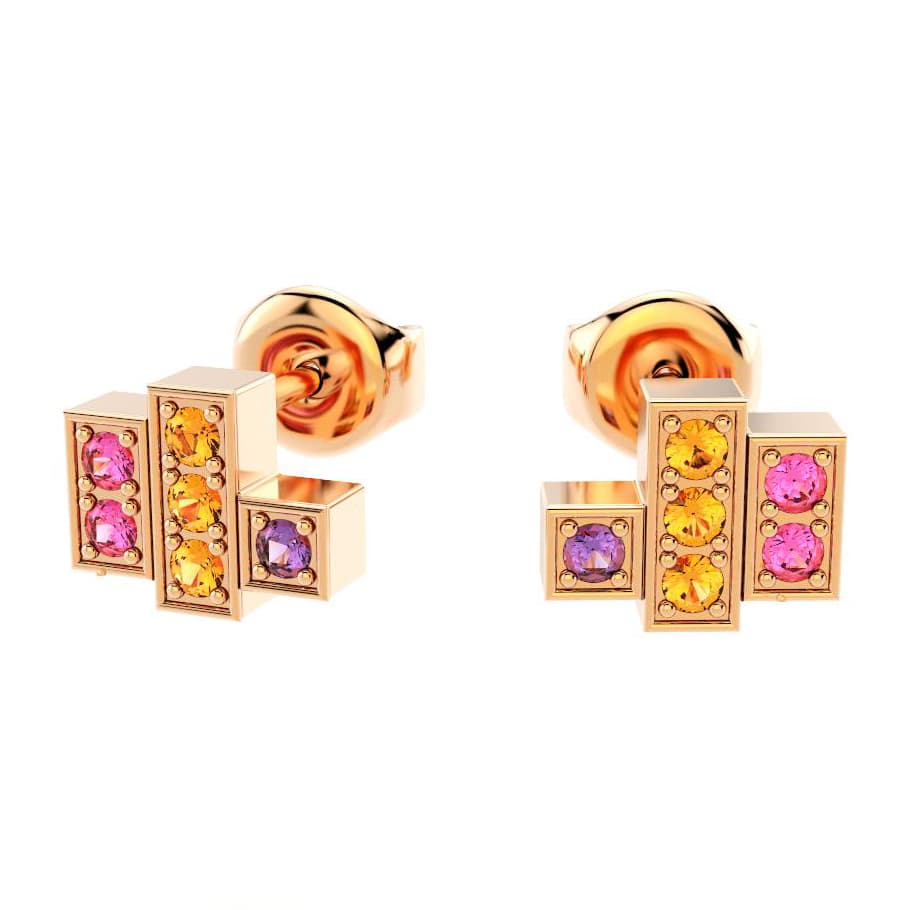 boucles oreilles art deco femme en or rose avec pierre semi-précieuse saphirs violets grenats mandarins