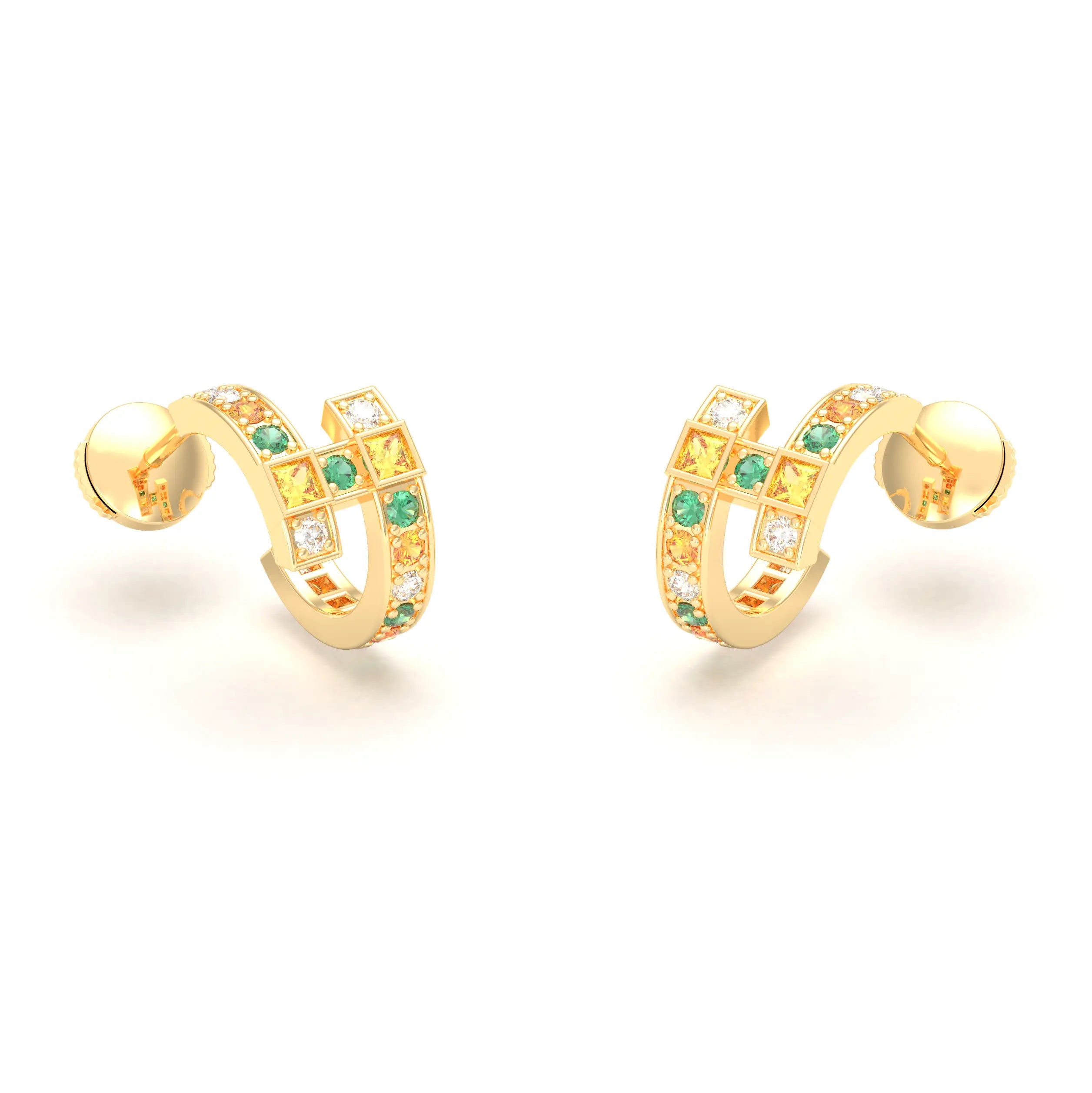 Boucles d’Oreilles Art Déco – Or Jaune 18 Carats & Diamants – Harmonie au Choix Diamant - Émeraude - Saphir jaune - Grenat mandarin