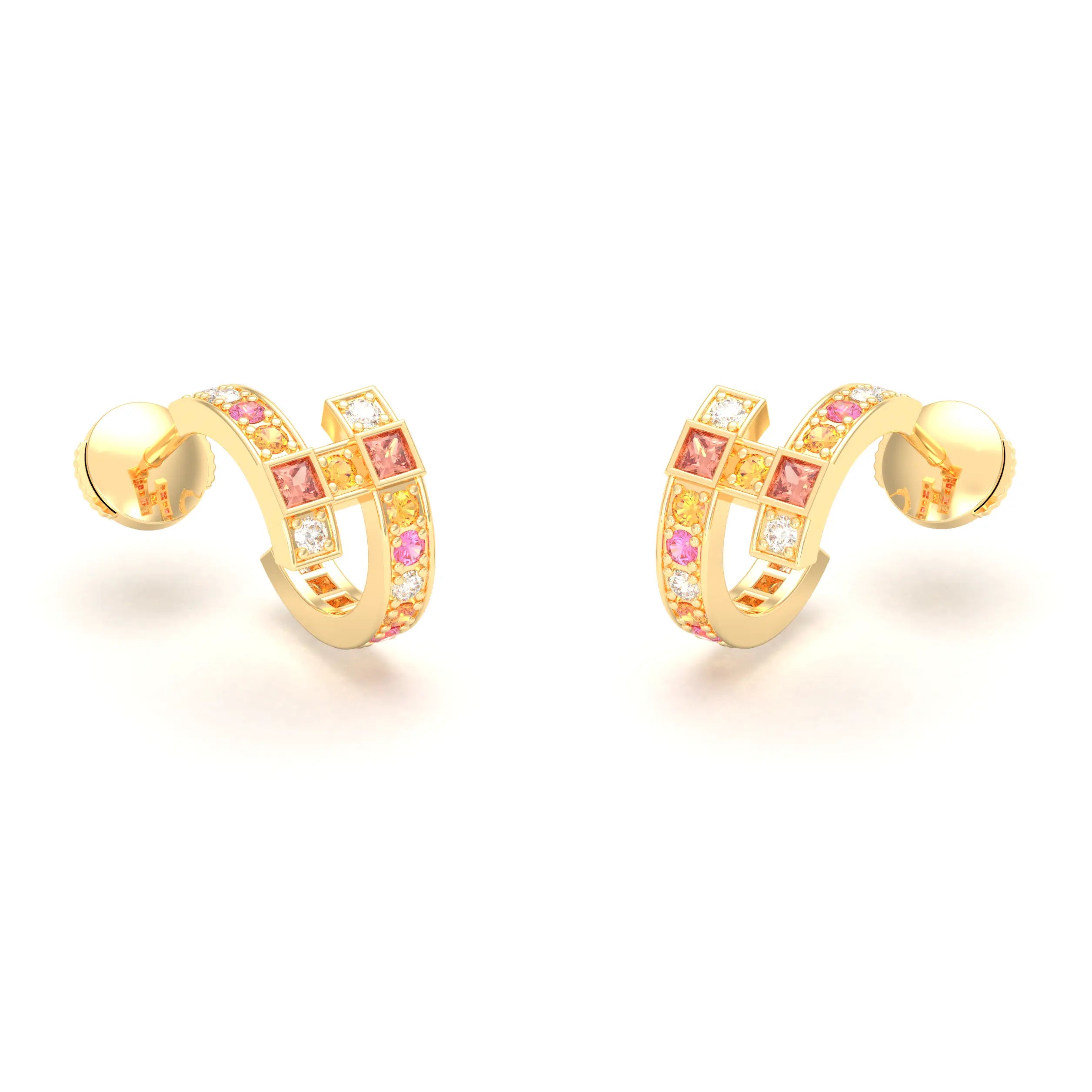 Boucles d’Oreilles Art Déco – Or Jaune 18 Carats & Diamants – Harmonie au Choix Diamant - Grenat mandarin - Saphir pêche - Saphir rose
