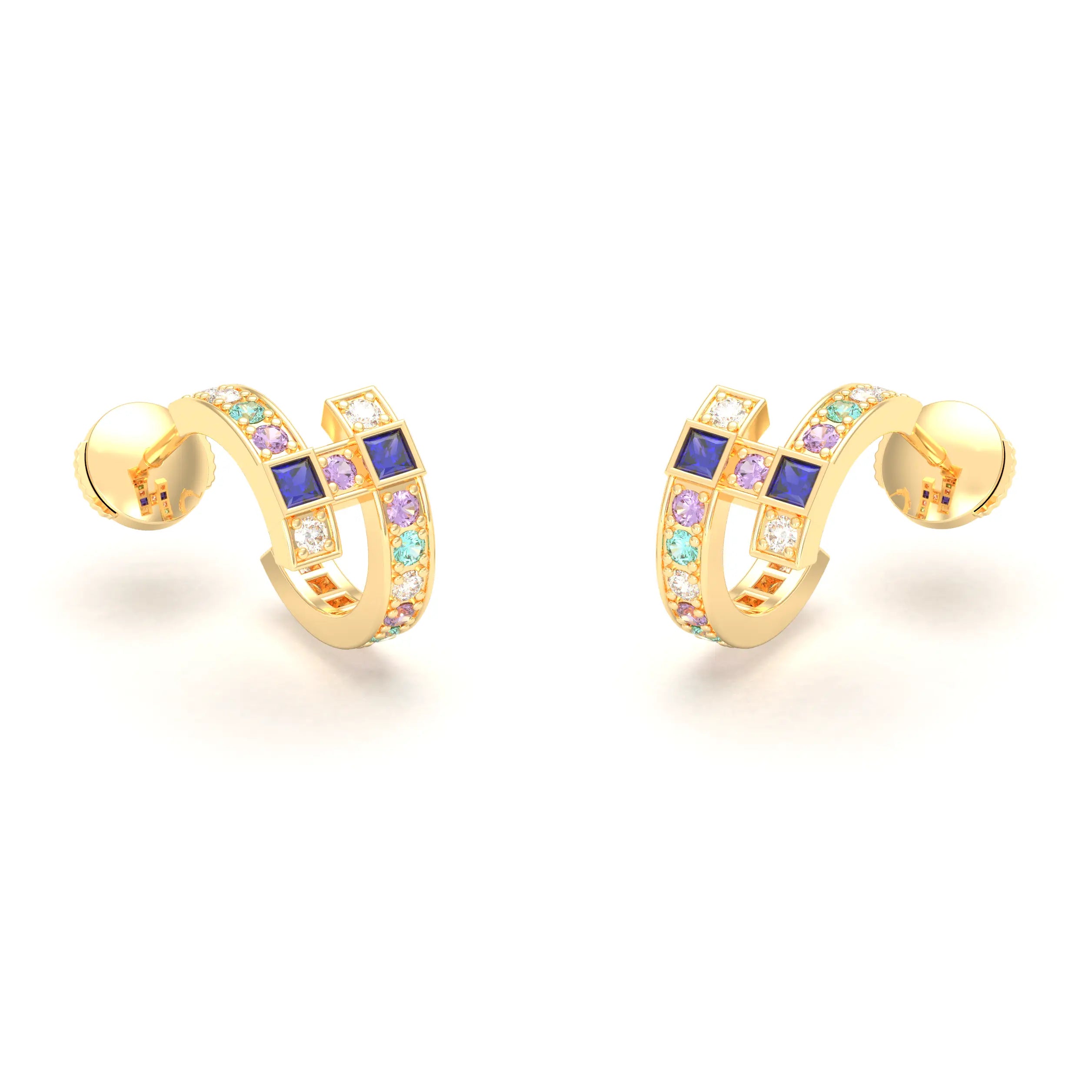 Boucles d’Oreilles Art Déco – Or Jaune 18 Carats & Diamants – Harmonie au Choix Diamant - Saphir bleu - Saphir violet - Tourmaline paraiba