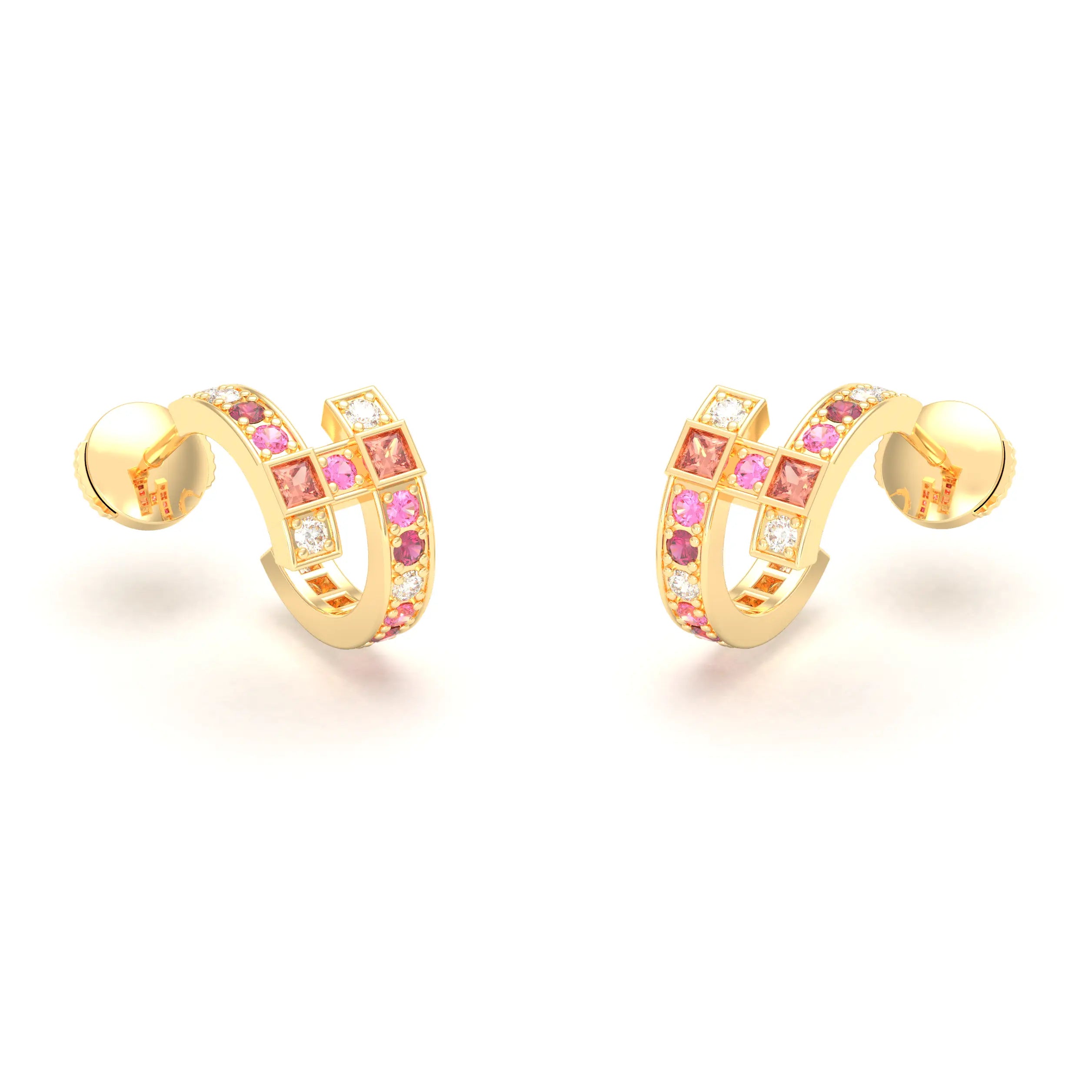 Boucles d’Oreilles Art Déco – Or Jaune 18 Carats & Diamants – Harmonie au Choix Diamant - Saphir pêche - Rubis - Saphir rose
