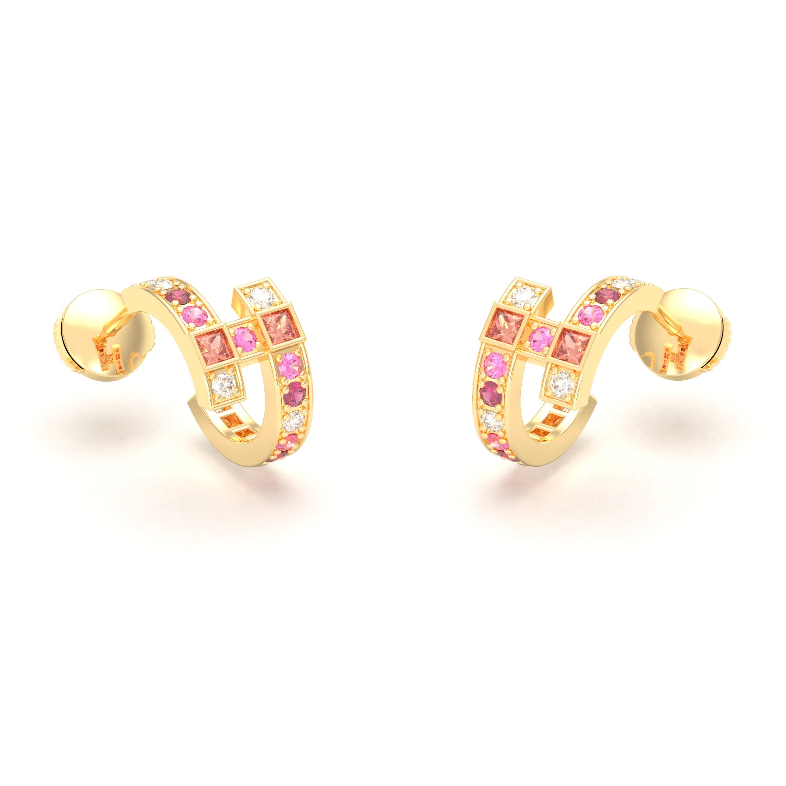Boucles d’Oreilles Art Déco – Or Jaune 18 Carats & Diamants – Harmonie au Choix Diamant - Saphir pêche - Rubis - Saphir rose