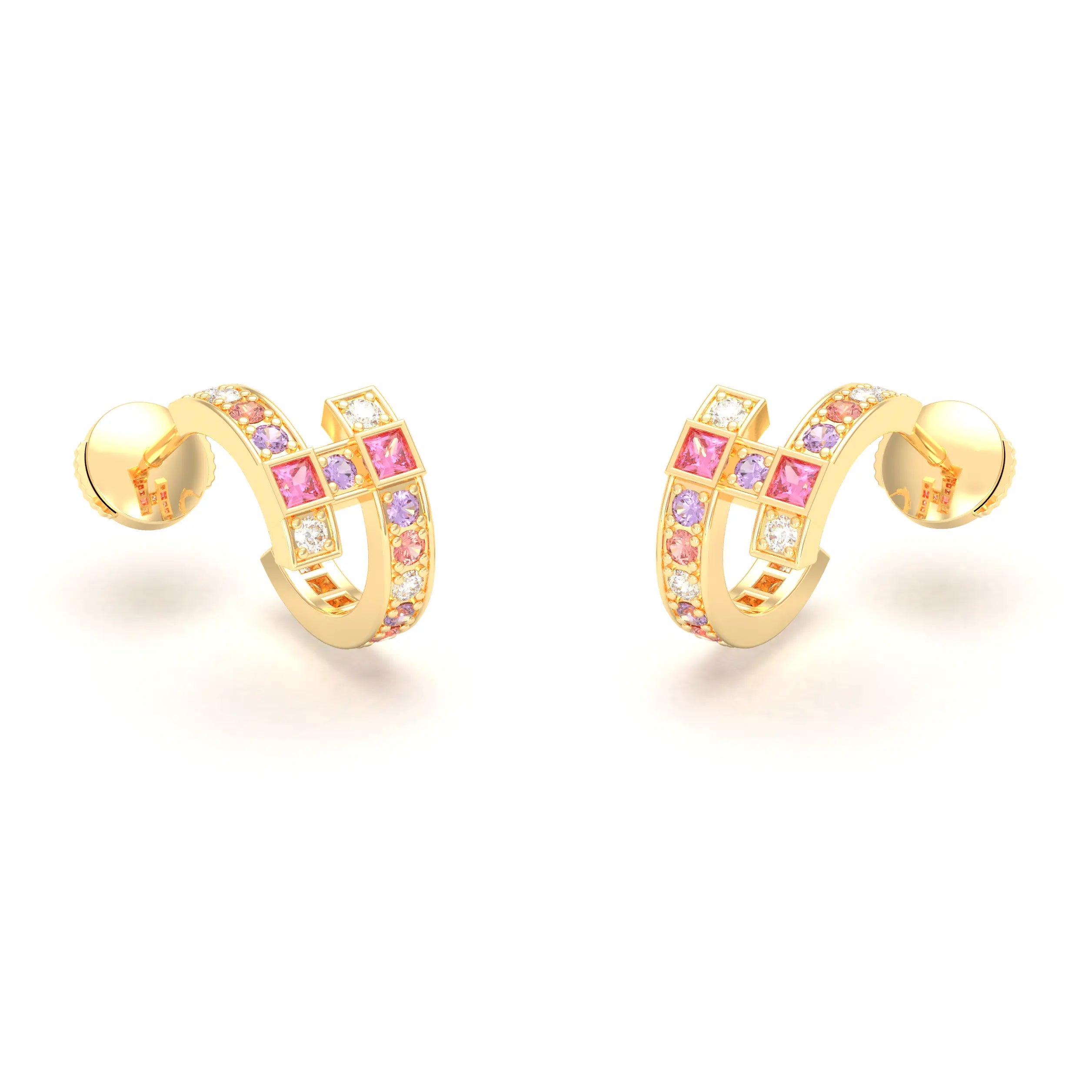 Boucles d’Oreilles Art Déco – Or Jaune 18 Carats & Diamants – Harmonie au Choix Diamant - Saphir pêche - Saphir rose - Saphir violet