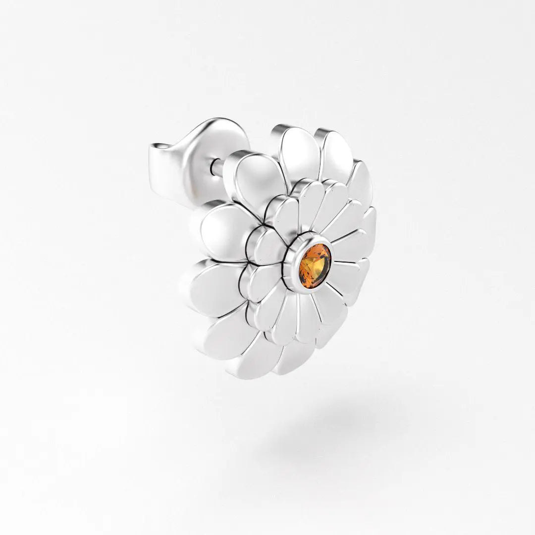 boucles d'oreilles pâquerette pour femme en or blanc et grenat mandarin