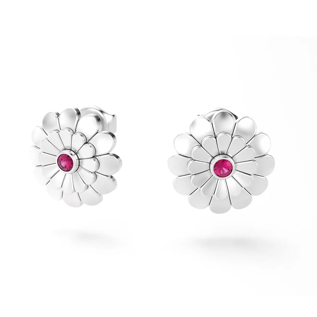 boucles d'oreilles pâquerette pour femme en or blanc et rubis