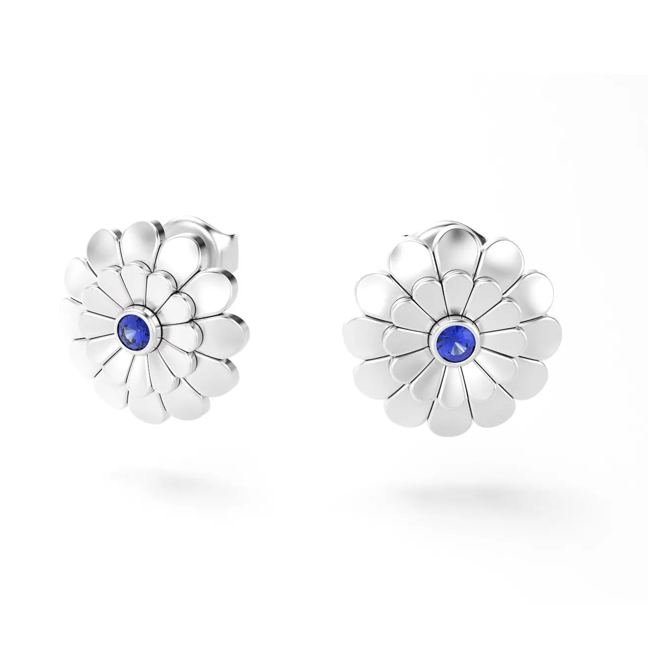 boucles d'oreilles pâquerette pour femme en or blanc et saphir bleu