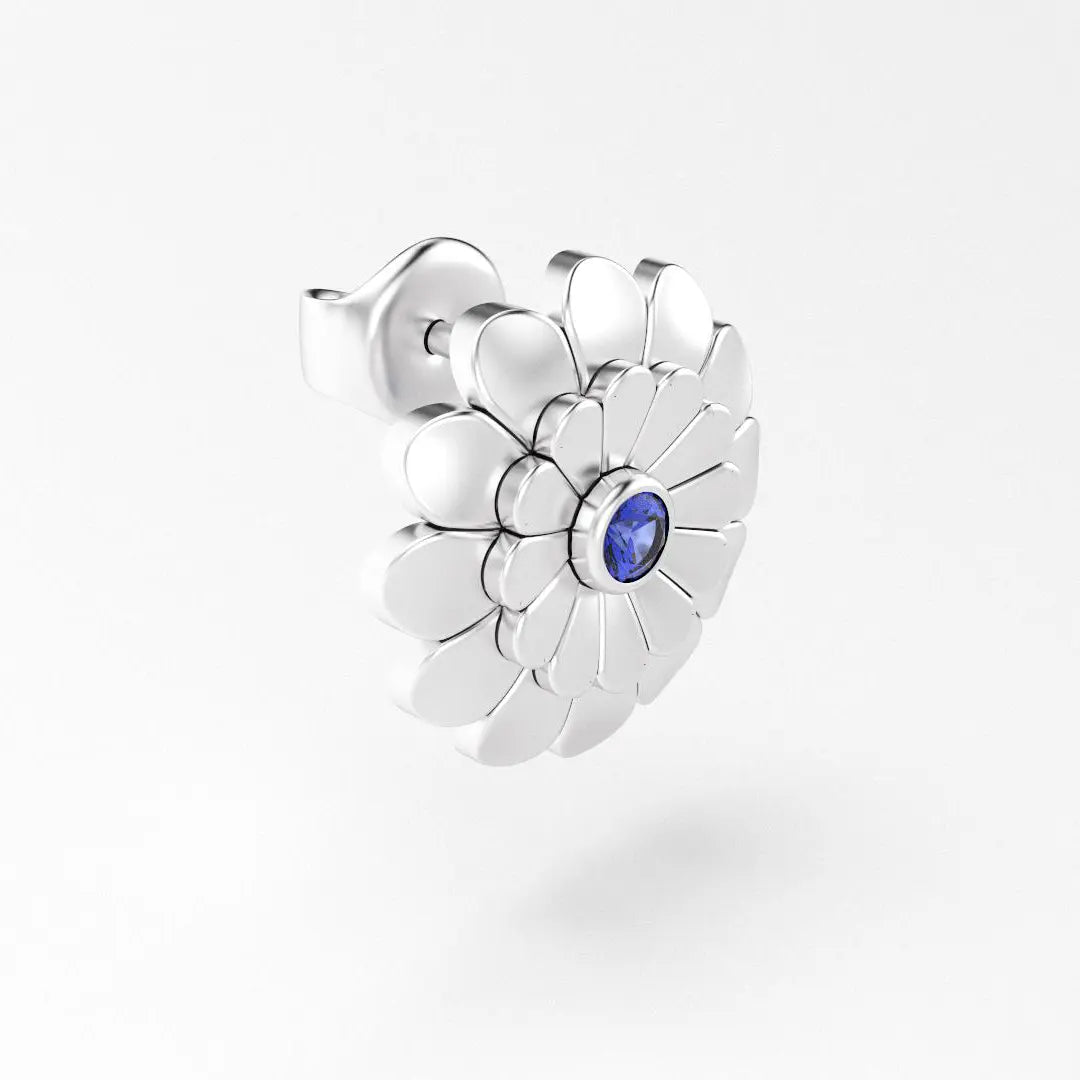 boucles d'oreilles pâquerette pour femme en or blanc et saphir bleu