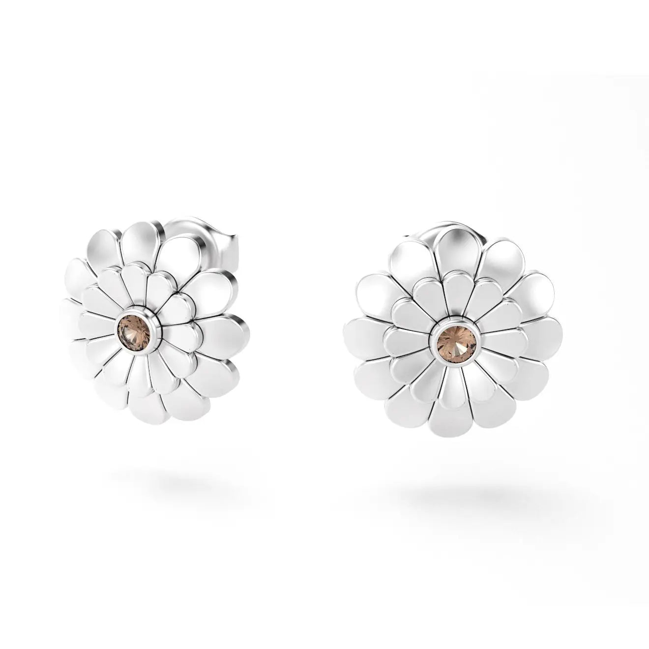 boucles d'oreilles pâquerette pour femme en or blanc et saphir brun