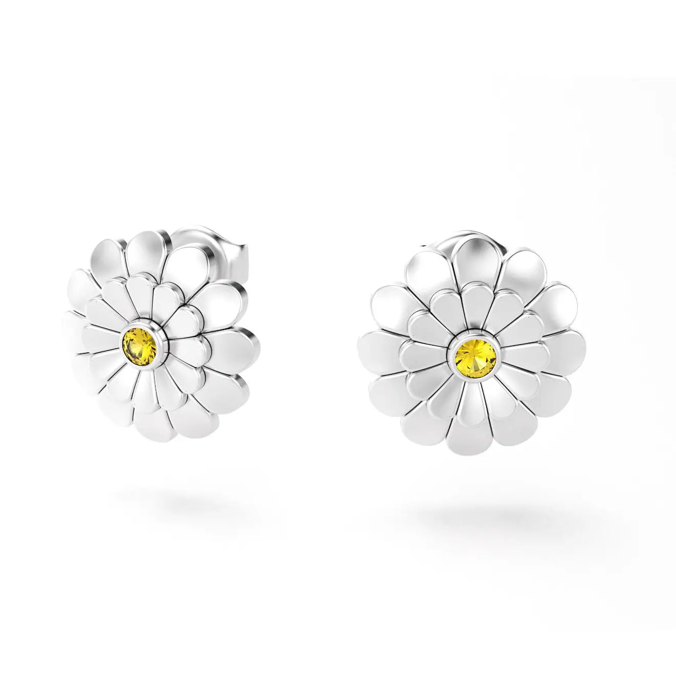 boucles d'oreilles pâquerette pour femme en or blanc et saphir jaune
