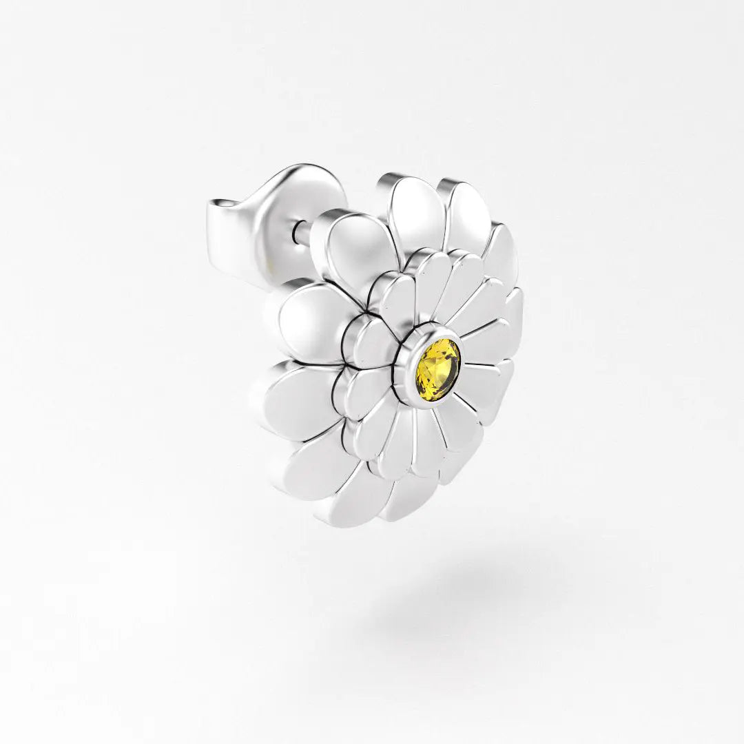 boucles d'oreilles pâquerette pour femme en or blanc et saphir jaune
