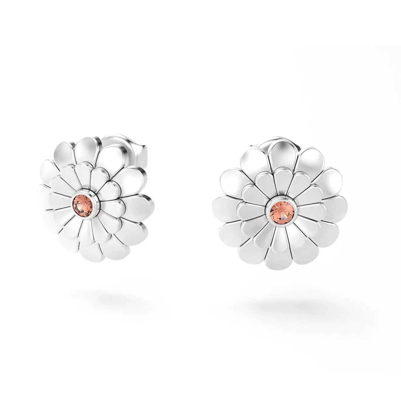 boucles d'oreilles pâquerette pour femme en or blanc et saphir peche
