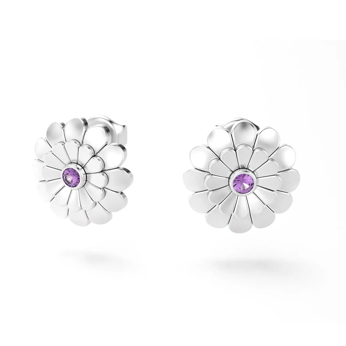 boucles d'oreilles pâquerette pour femme en or blanc et saphir violet
