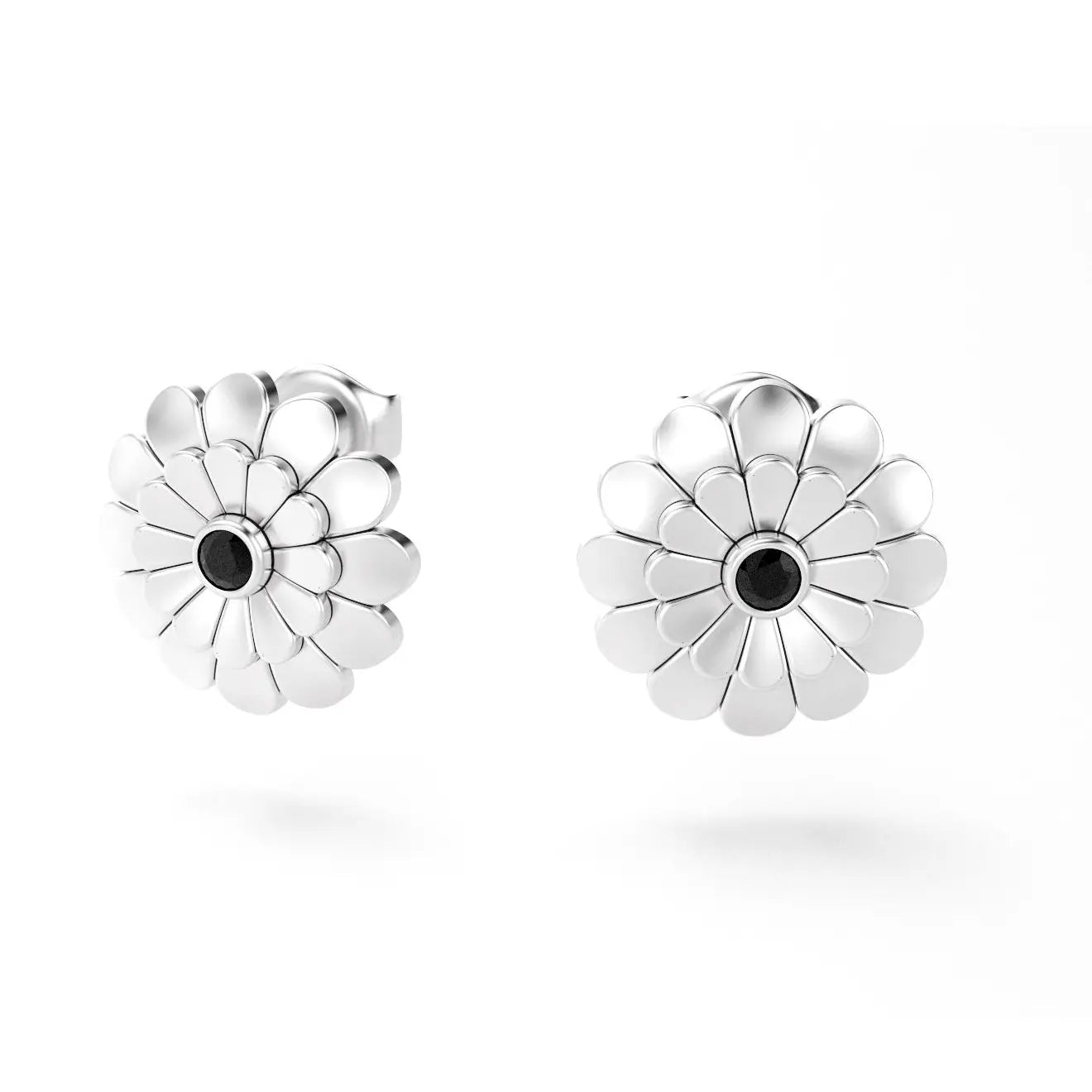 boucles d'oreilles pâquerette pour femme en or blanc et spinelle noire