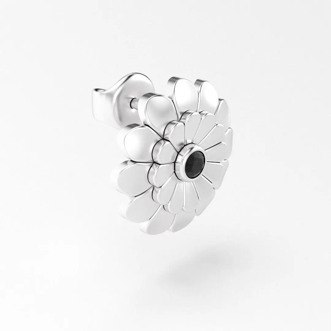 boucles d'oreilles pâquerette pour femme en or blanc et spinelle noire