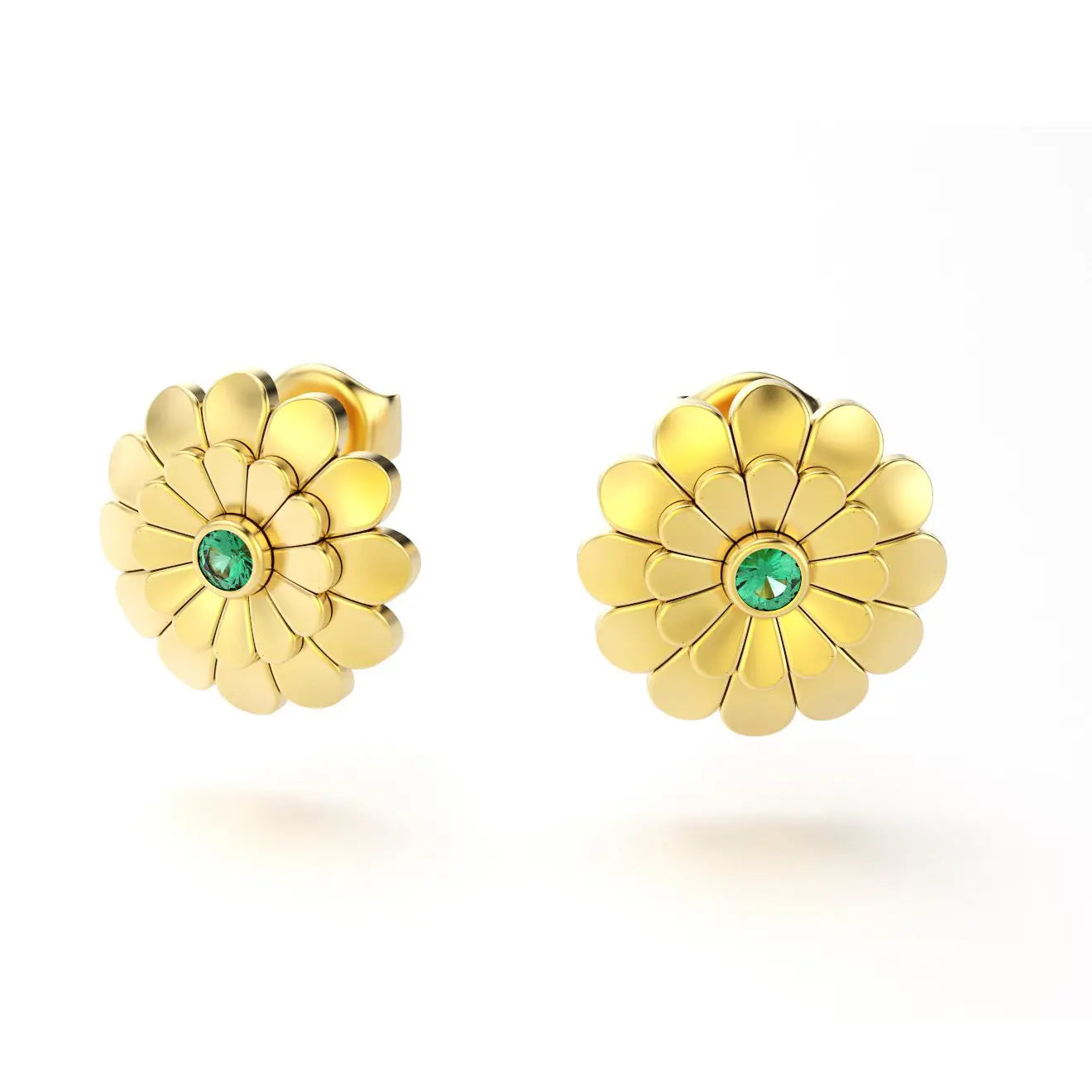 boucles d'oreilles pâquerette pour femme en or jaune et emeraude