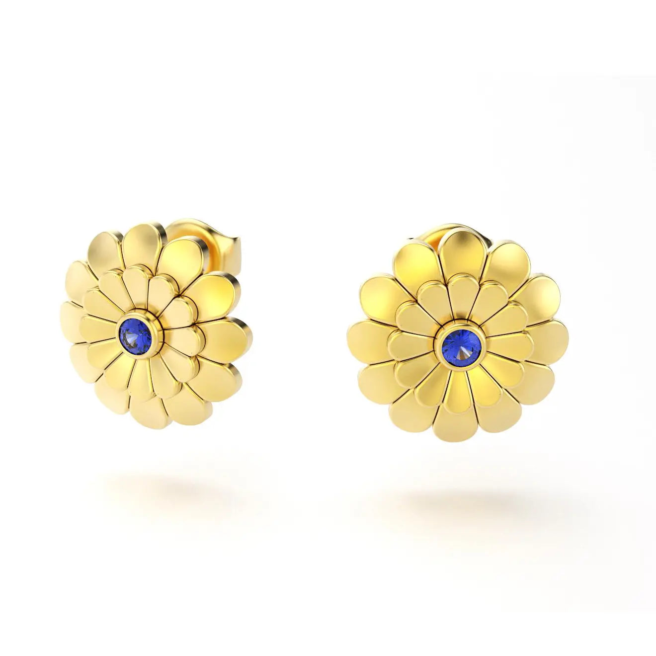 boucles d'oreilles pâquerette pour femme en or jaune et saphir bleu