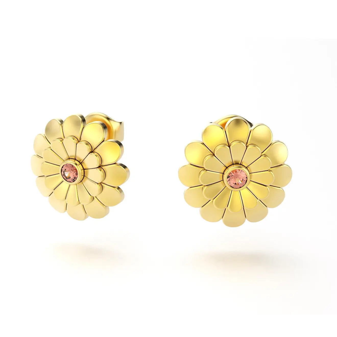 boucles d'oreilles pâquerette pour femme en or jaune et saphir peche