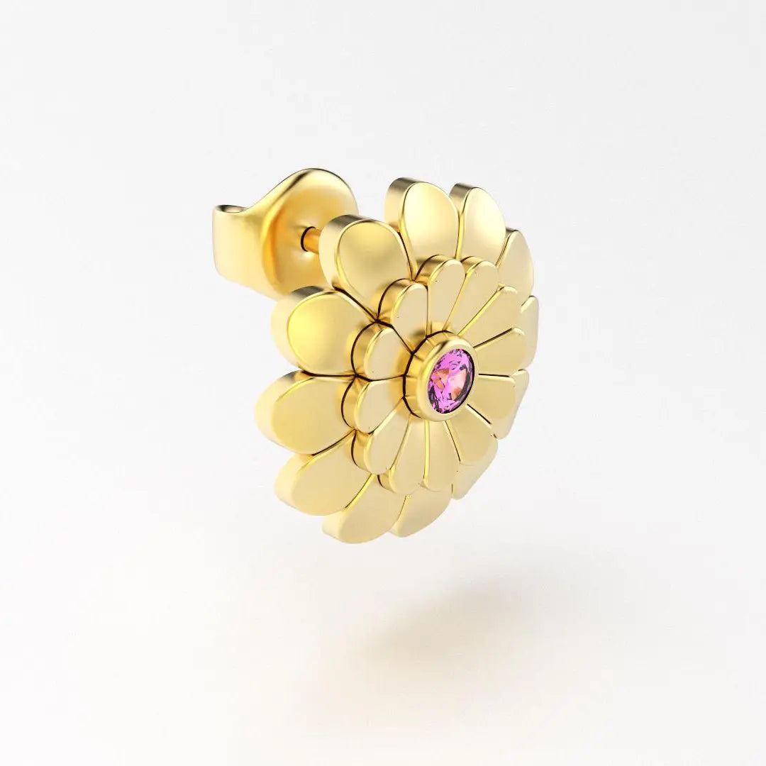 boucles d'oreilles pâquerette pour femme en or jaune et saphir rose