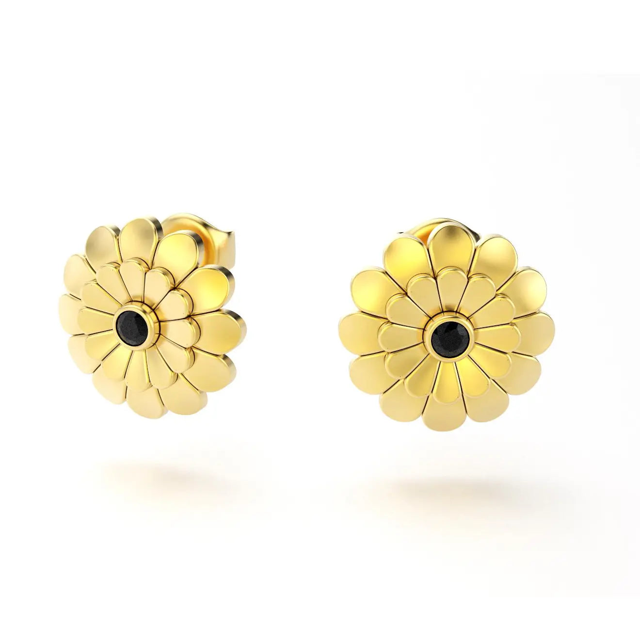 boucles d'oreilles pâquerette pour femme en or jaune et spinelle noire