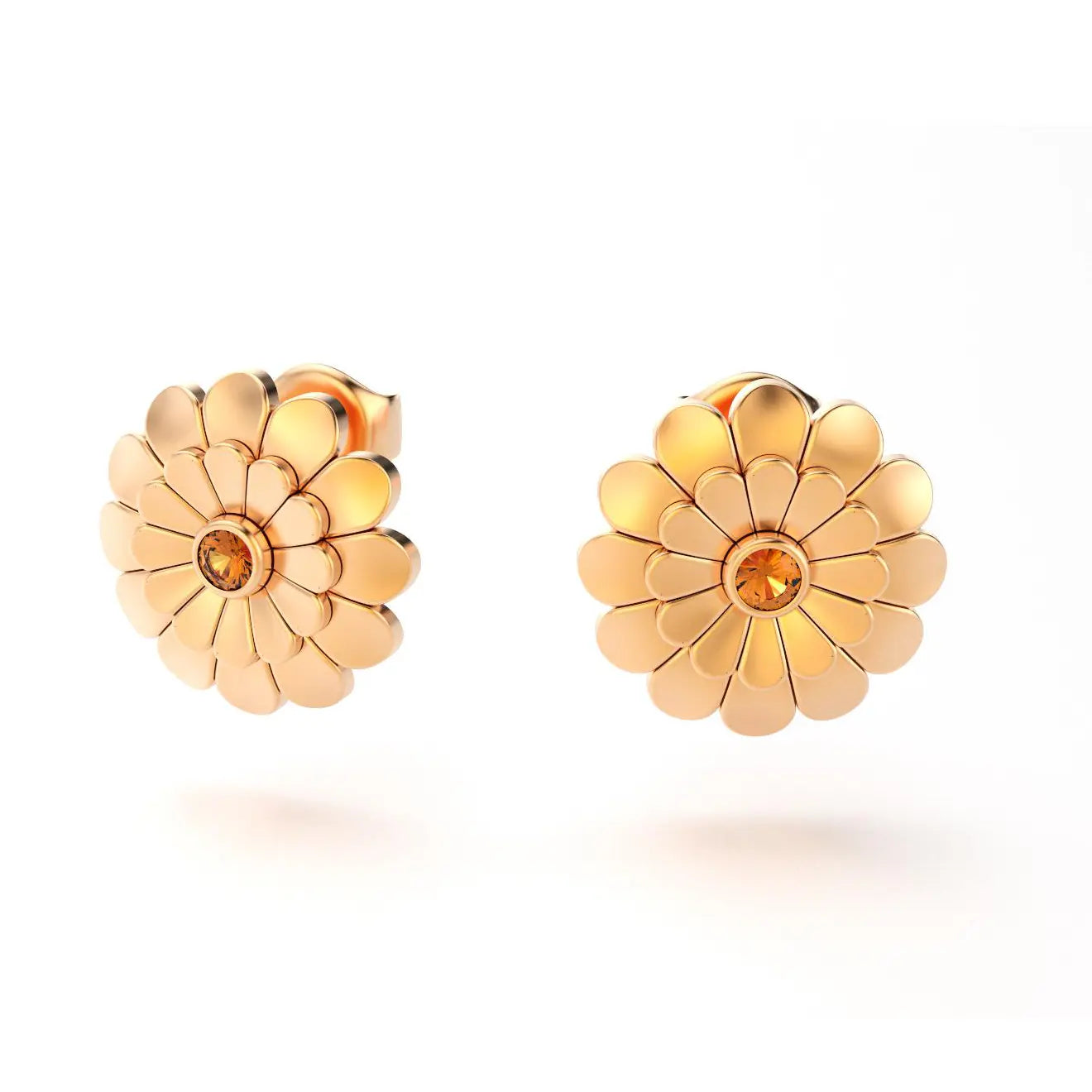 boucles d'oreilles pâquerette pour femme en or rose et grenat mandarin