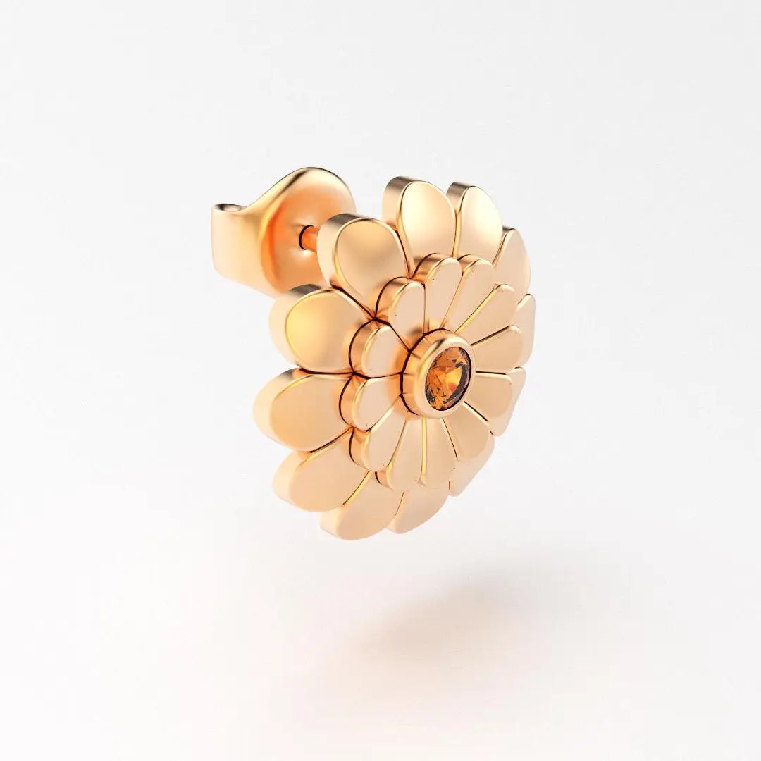 boucles d'oreilles pâquerette pour femme en or rose et grenat mandarin