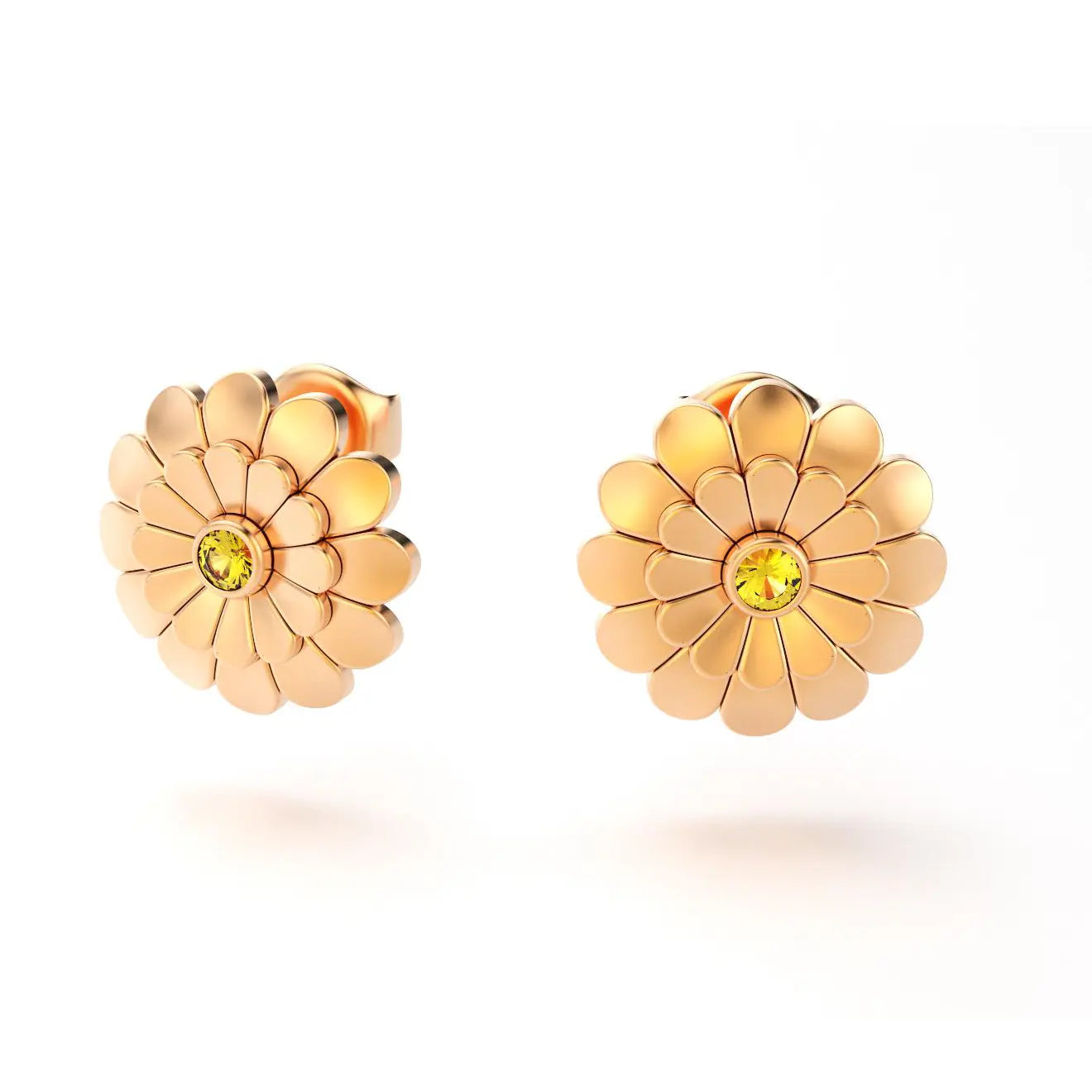 boucles d'oreilles pâquerette pour femme en or rose et saphir jaune