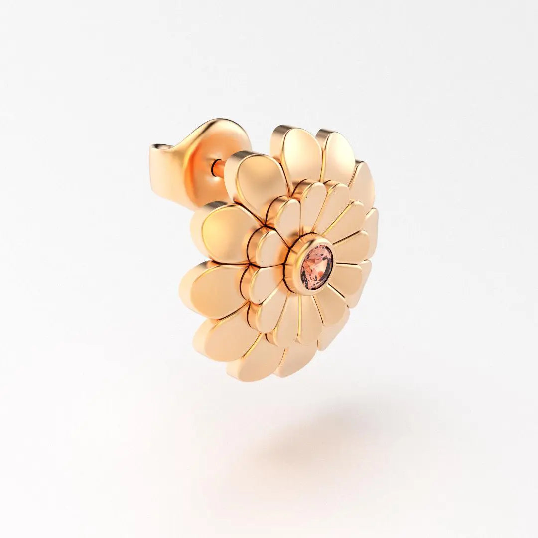 boucles d'oreilles pâquerette pour femme en or rose et saphir peche