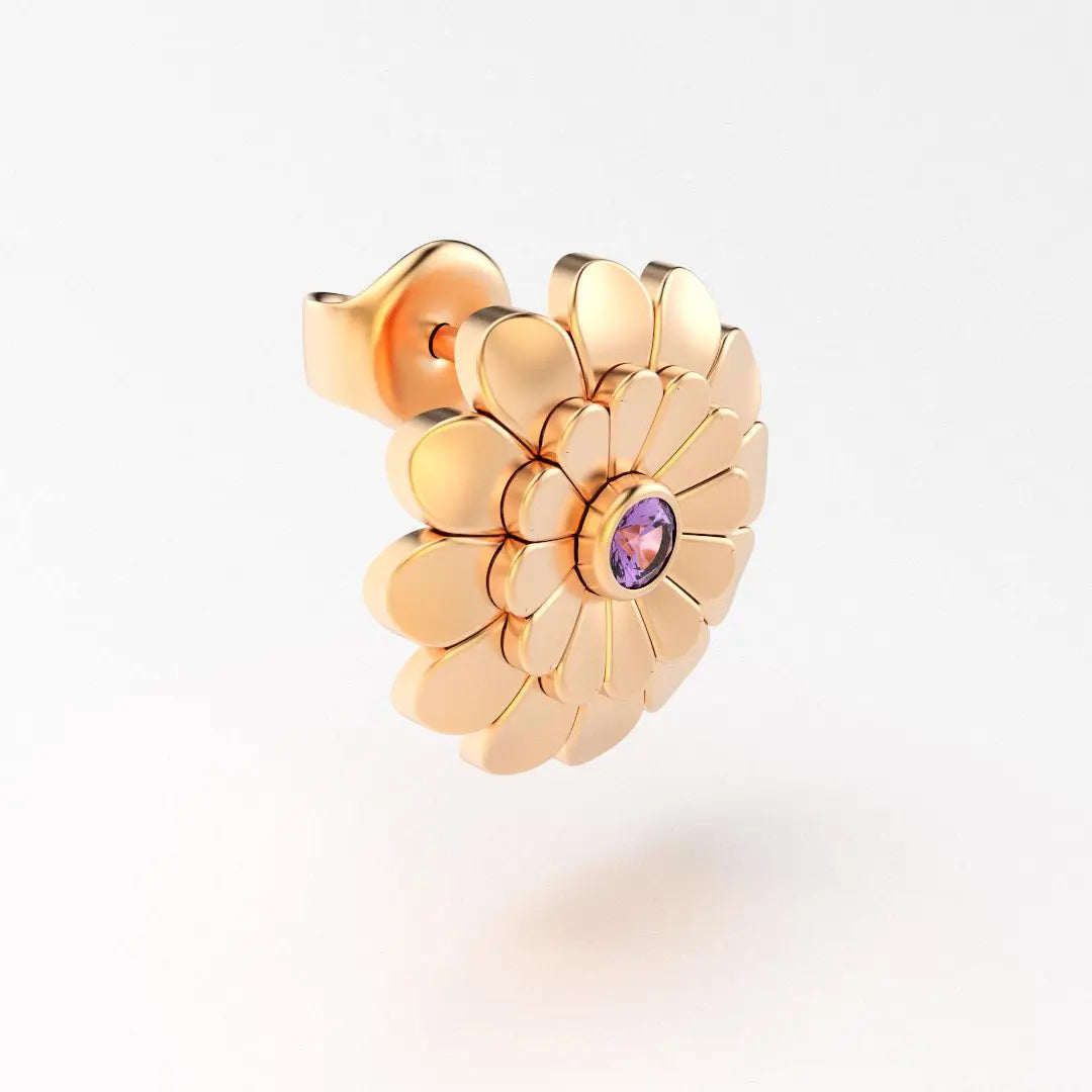boucles d'oreilles pâquerette pour femme en or rose et saphir violet