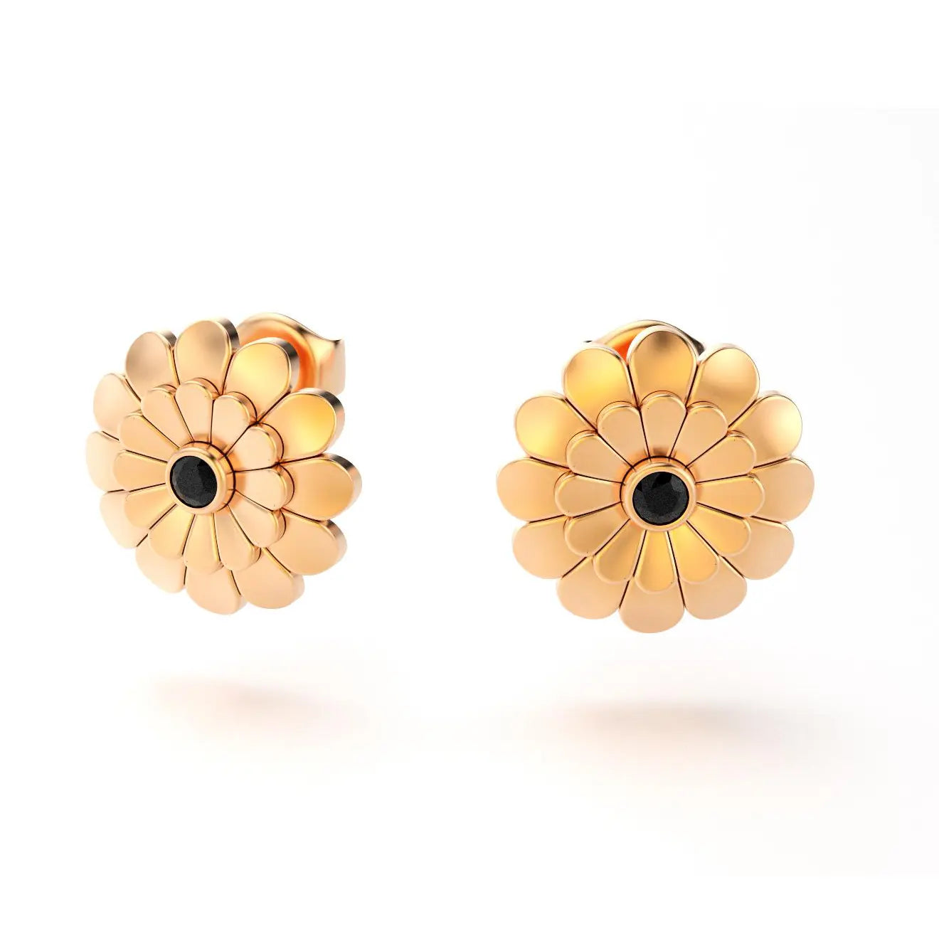 boucles d'oreilles pâquerette pour femme en or rose et spinelle noire