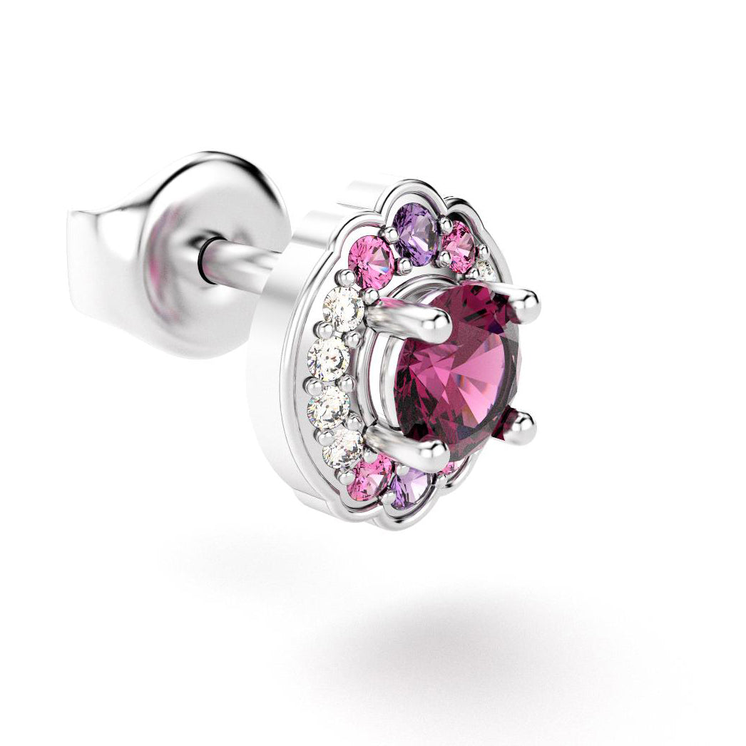 boucles oreilles syracuse pour en or blanc avec diamants rhodolites saphirs violets et saphirs roses