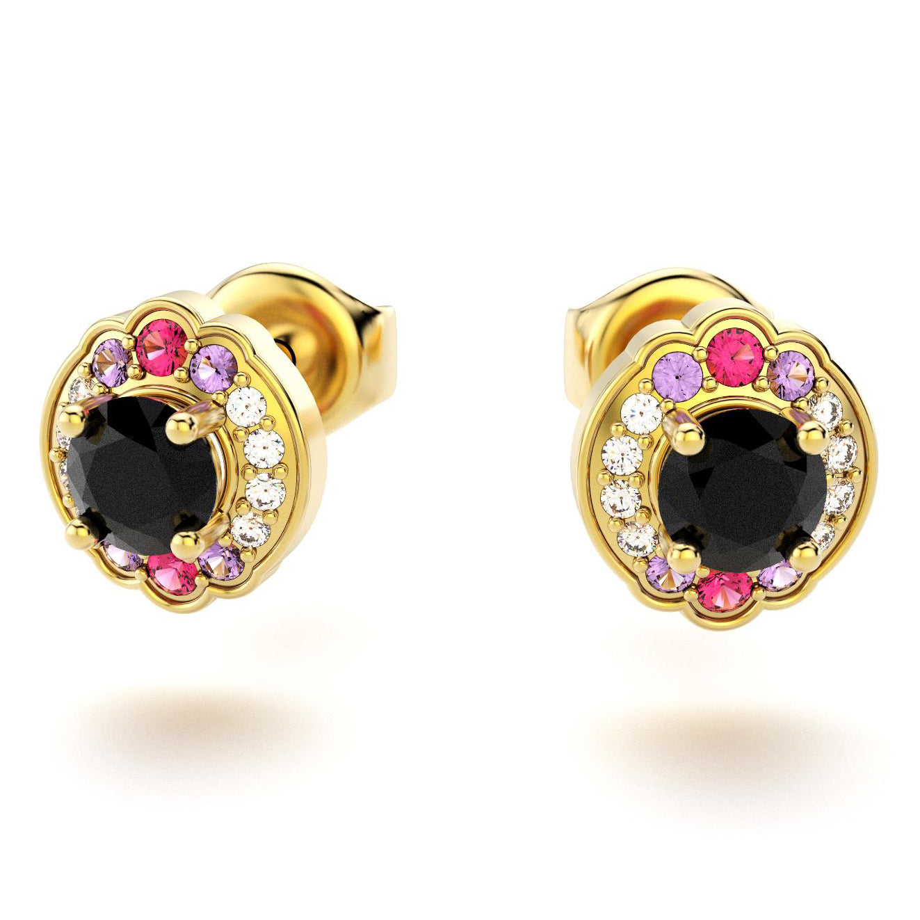 boucles oreilles syracuse pour en or jaune spinelles noires avec diamants saphirs violets et rubis
