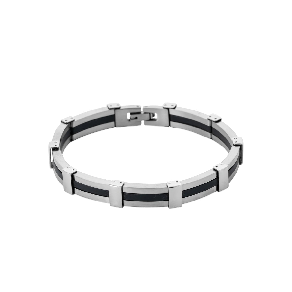 Bracelet à barrettes et caoutchouc noir en acier homme