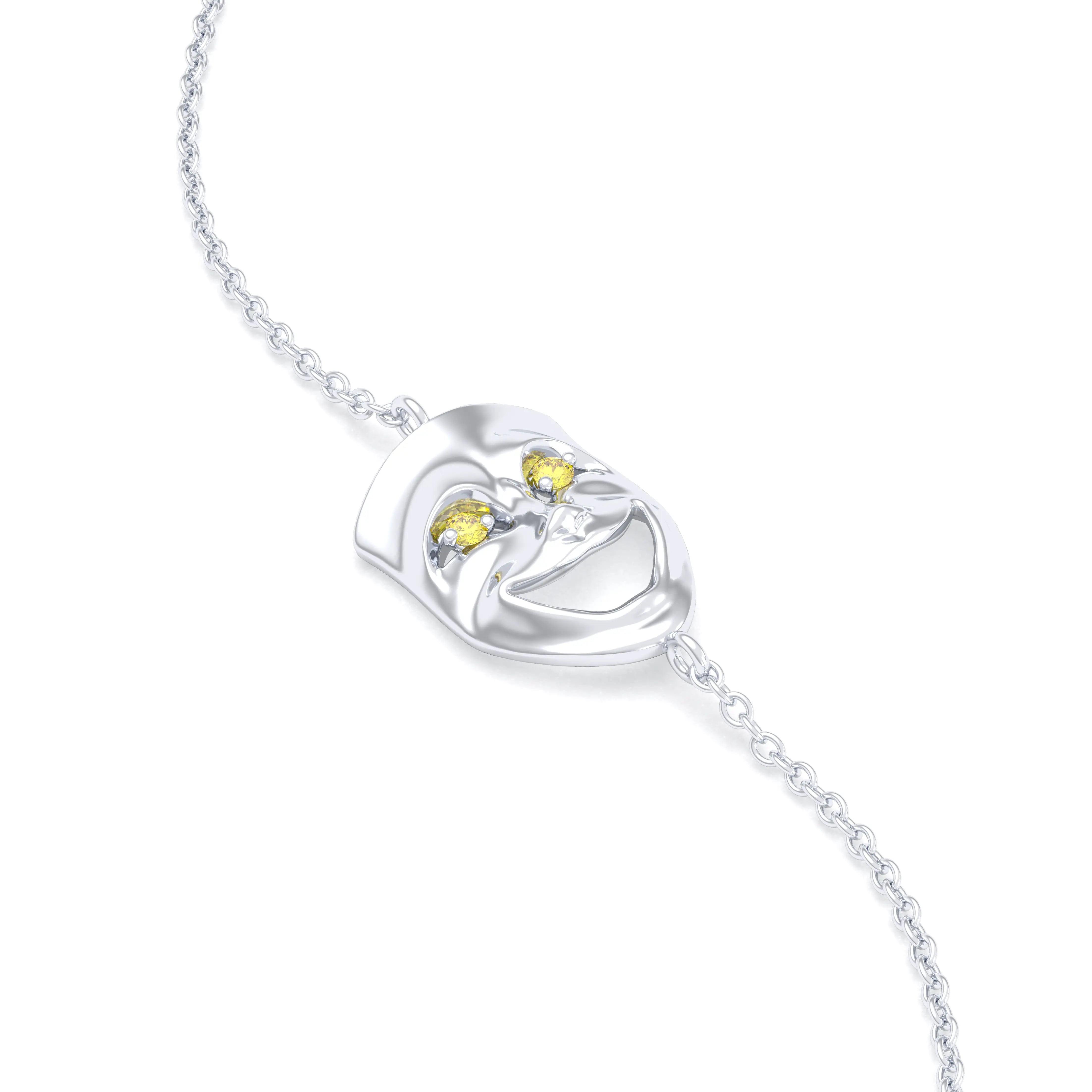 Bracelet Allégresse en or blanc 18 carats, masque souriant du théâtre Diamant jaune