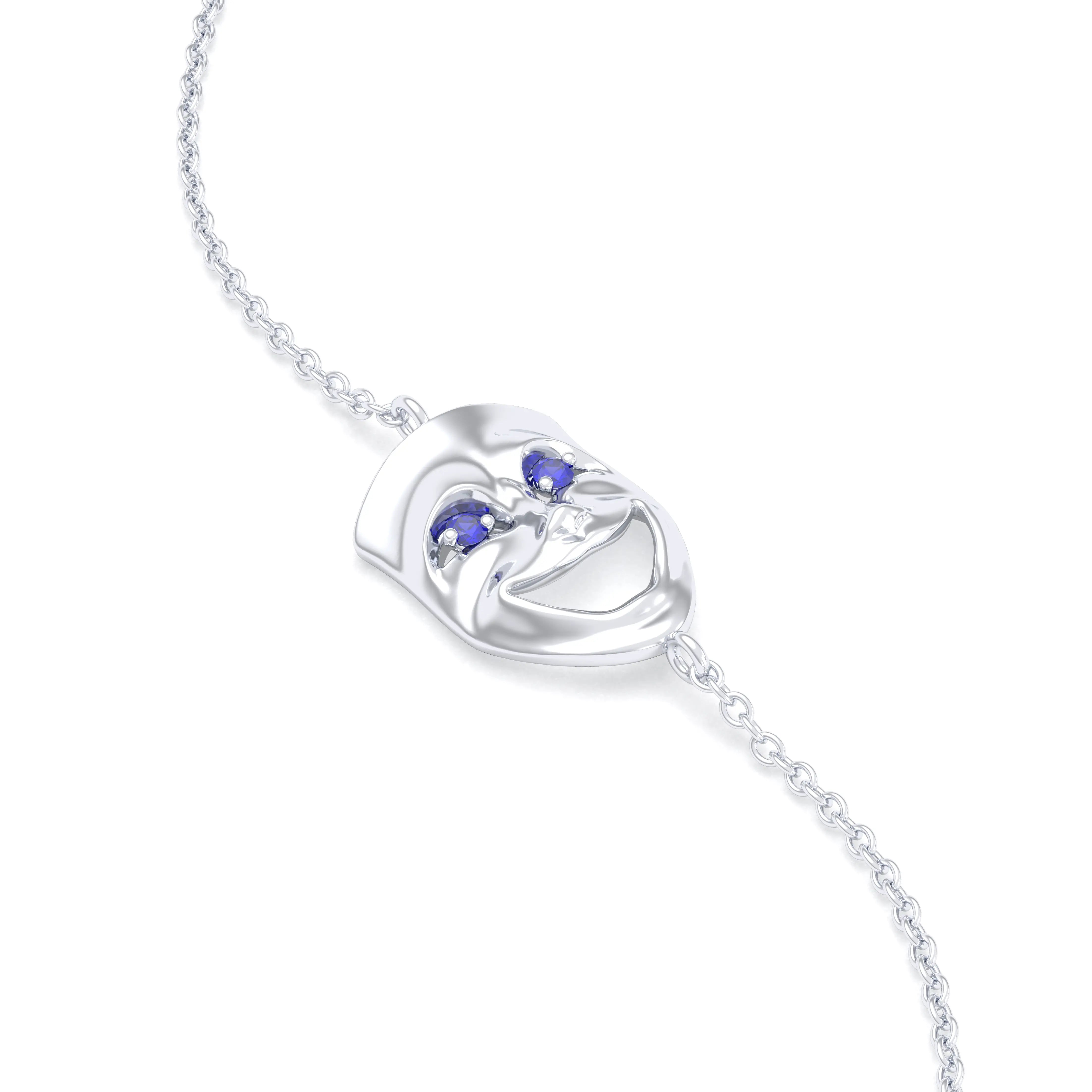 Bracelet Allégresse en or blanc 18 carats, masque souriant du théâtre Saphir bleu
