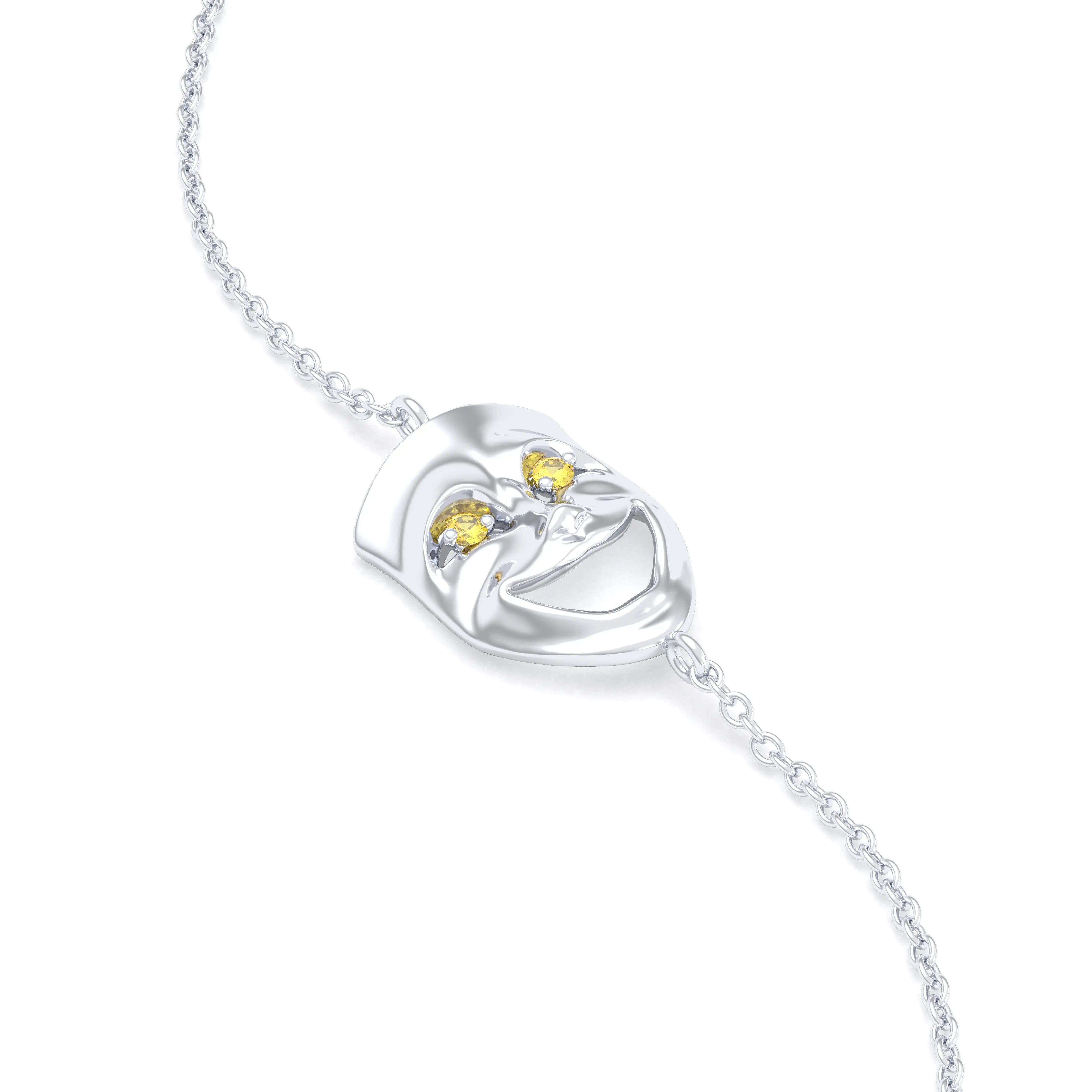 Bracelet Allégresse en or blanc 18 carats, masque souriant du théâtre Saphir jaune