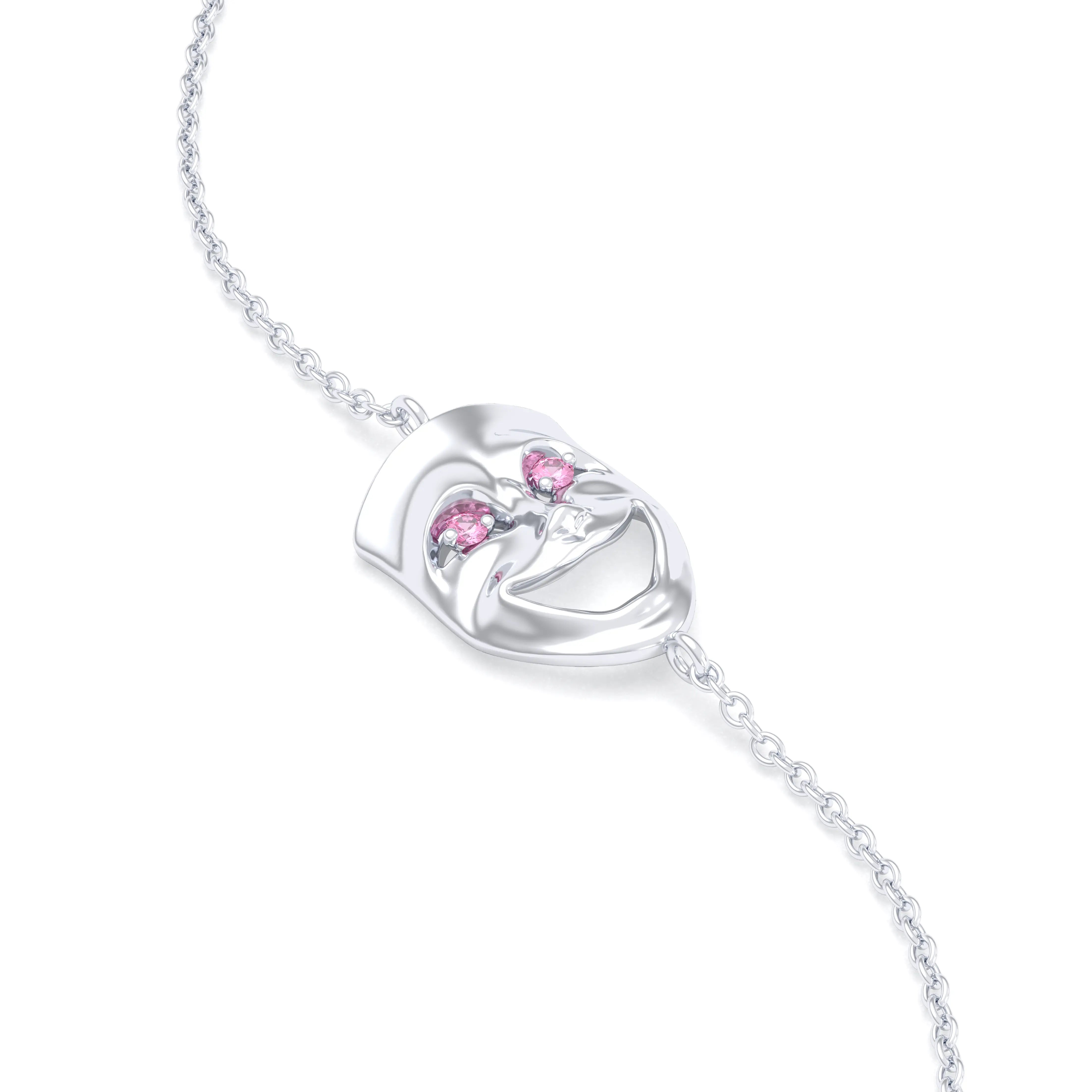 Bracelet Allégresse en or blanc 18 carats, masque souriant du théâtre Saphir rose