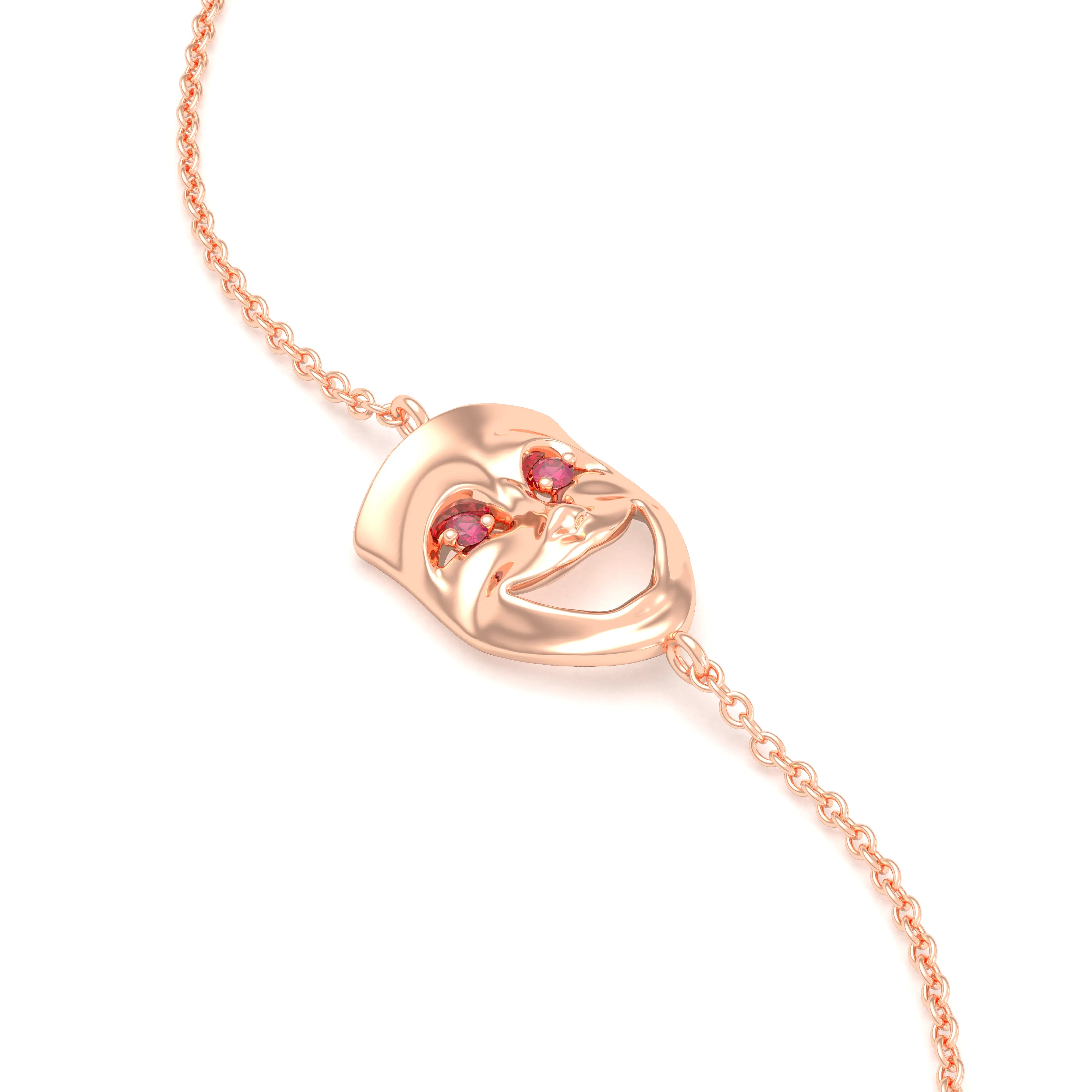 Bracelet Allégresse en or rose 18 carats, masque souriant du théâtre Rubis